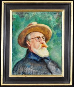 Selbstporträt – Französisches impressionistisches Ölgemälde auf Tafel, Ölgemälde, Mitte des 20. Jahrhunderts