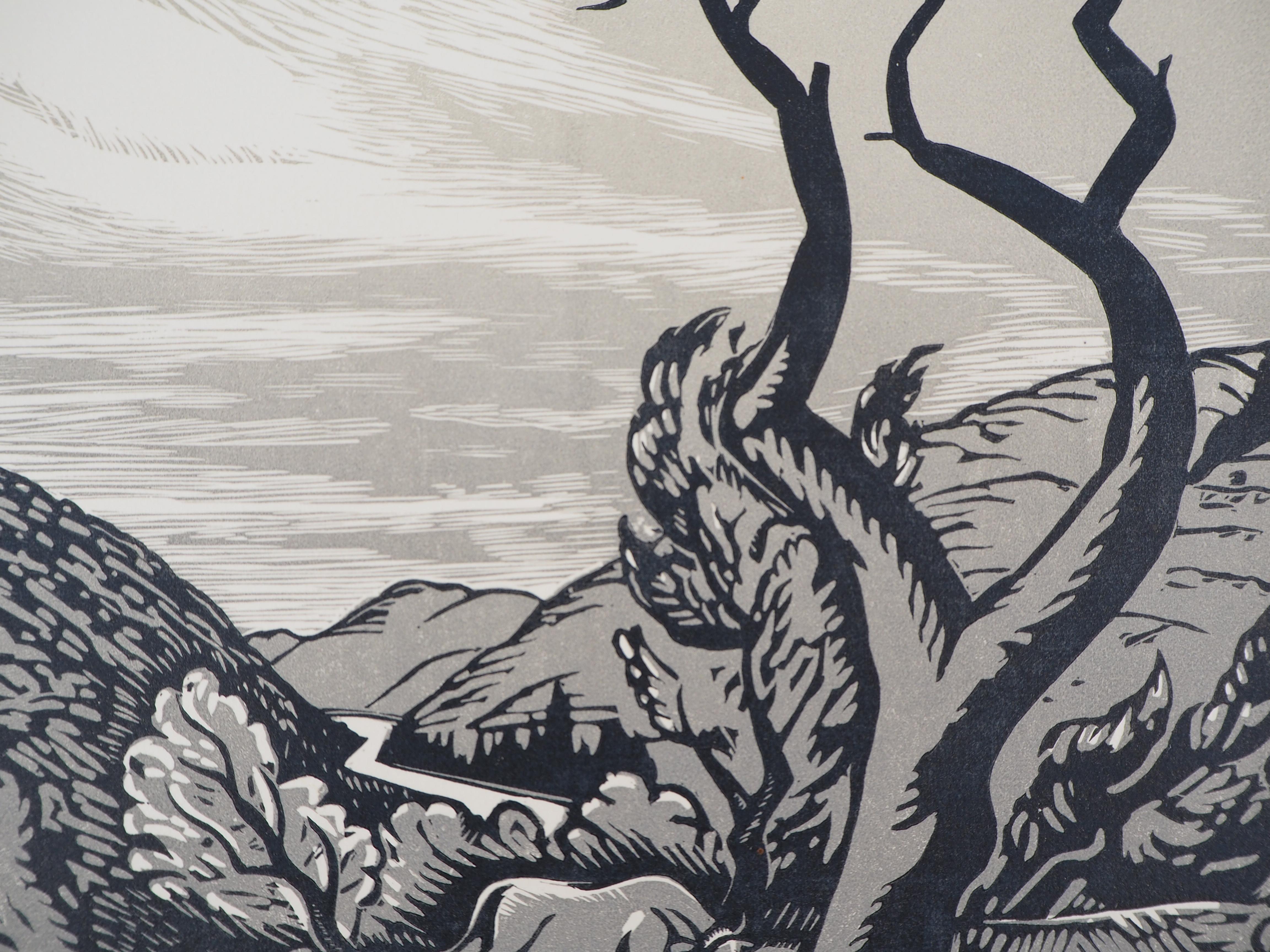 Die alten Bäume (Art Deco) - Original-Wollschnitt, handsigniert (Grau), Landscape Print, von Charles Picart le Doux