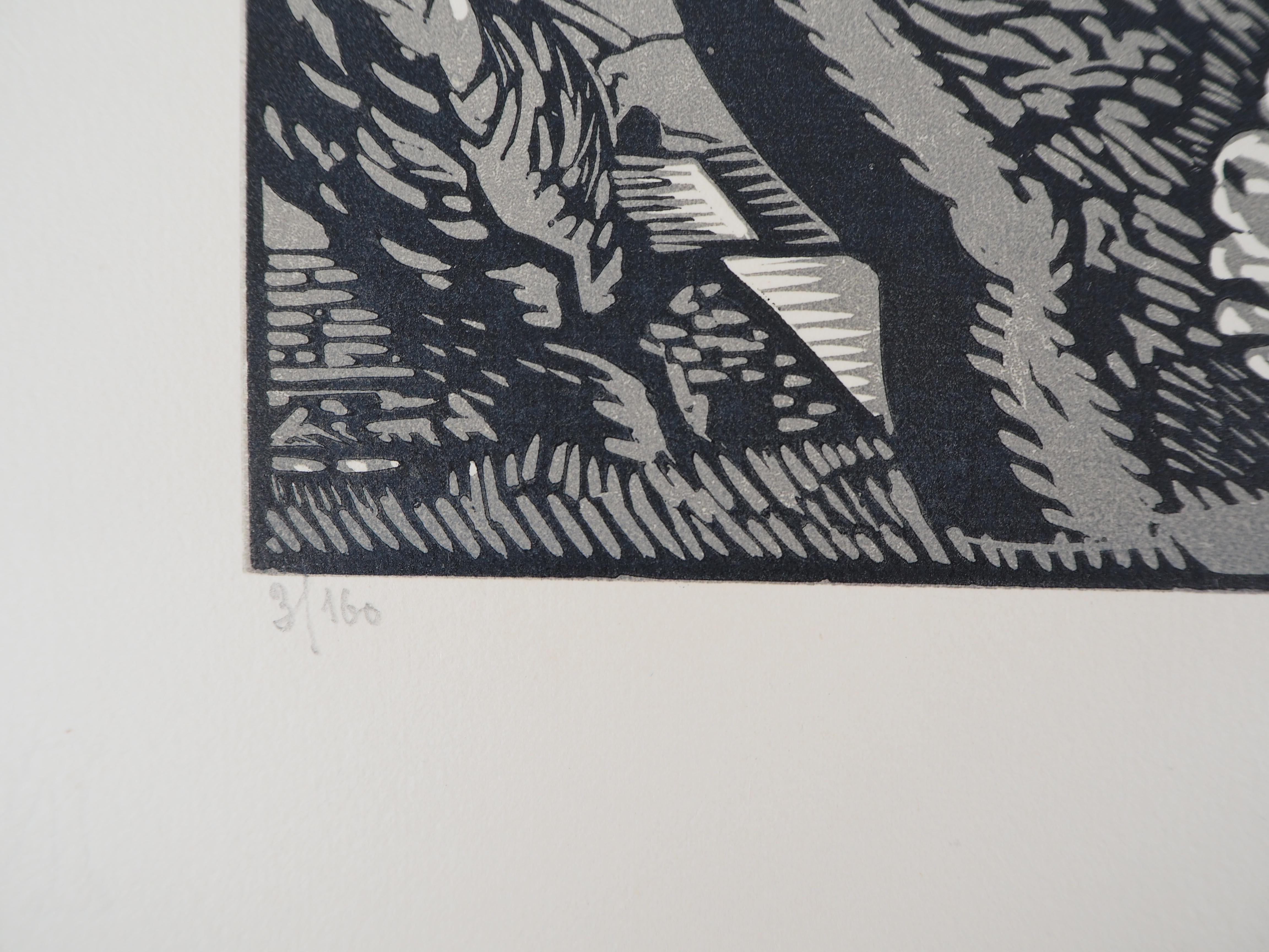 Charles Picart le Doux
Die alten Bäume (Art Deco), 1925

Original Holzschnitt
Handsigniert mit Bleistift
Nummeriert /160
Auf Pergament 32,5 x 25,5 cm (ca. 13 x 10 Zoll)
Trägt den Blindstempel des Herausgebers 'Imagier de la Gravure sur Bois' (Lugt