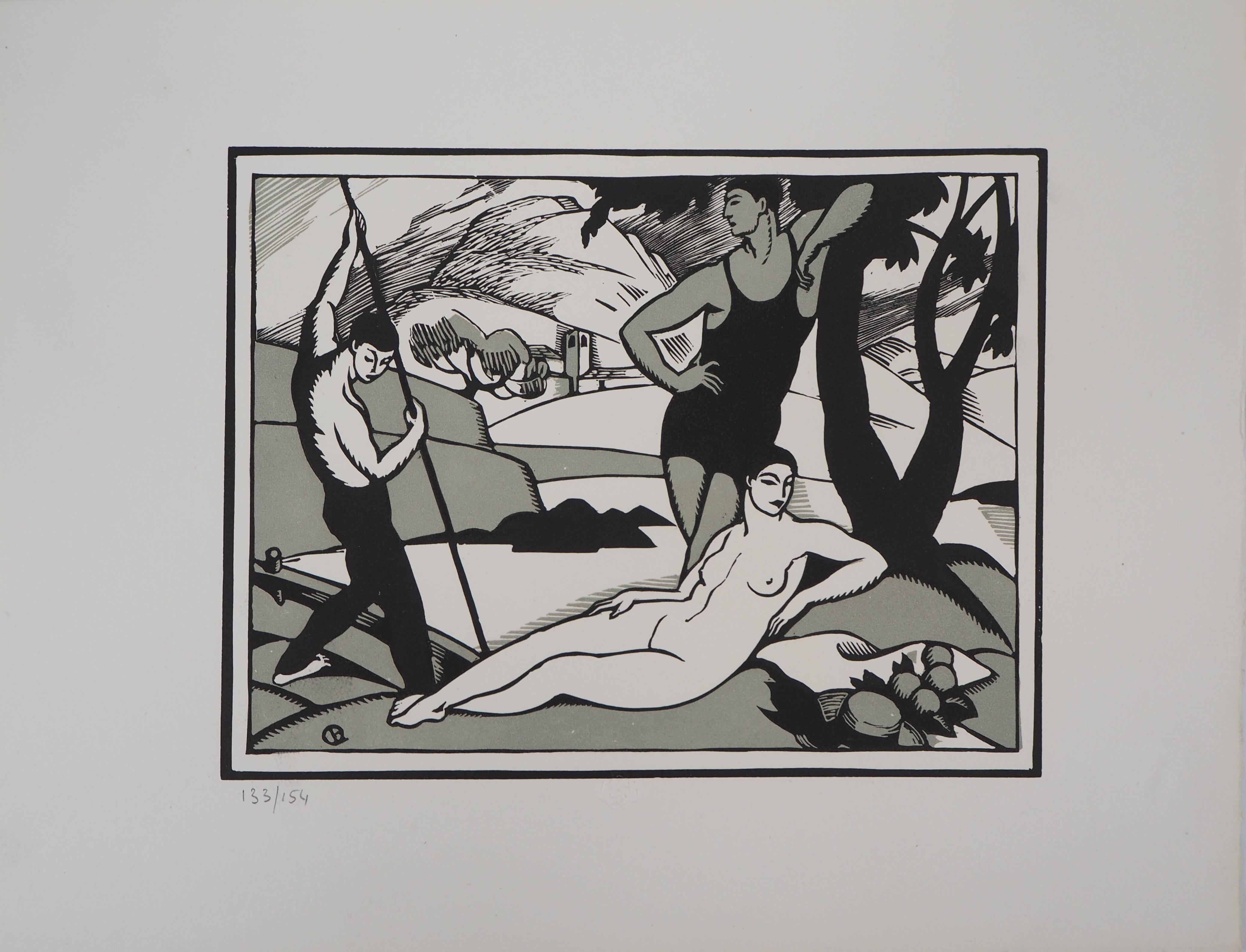 Tribute to Cezanne : The Bathers (Art Deco) - Original wooodcut - Gray Landscape Print by Charles Picart le Doux