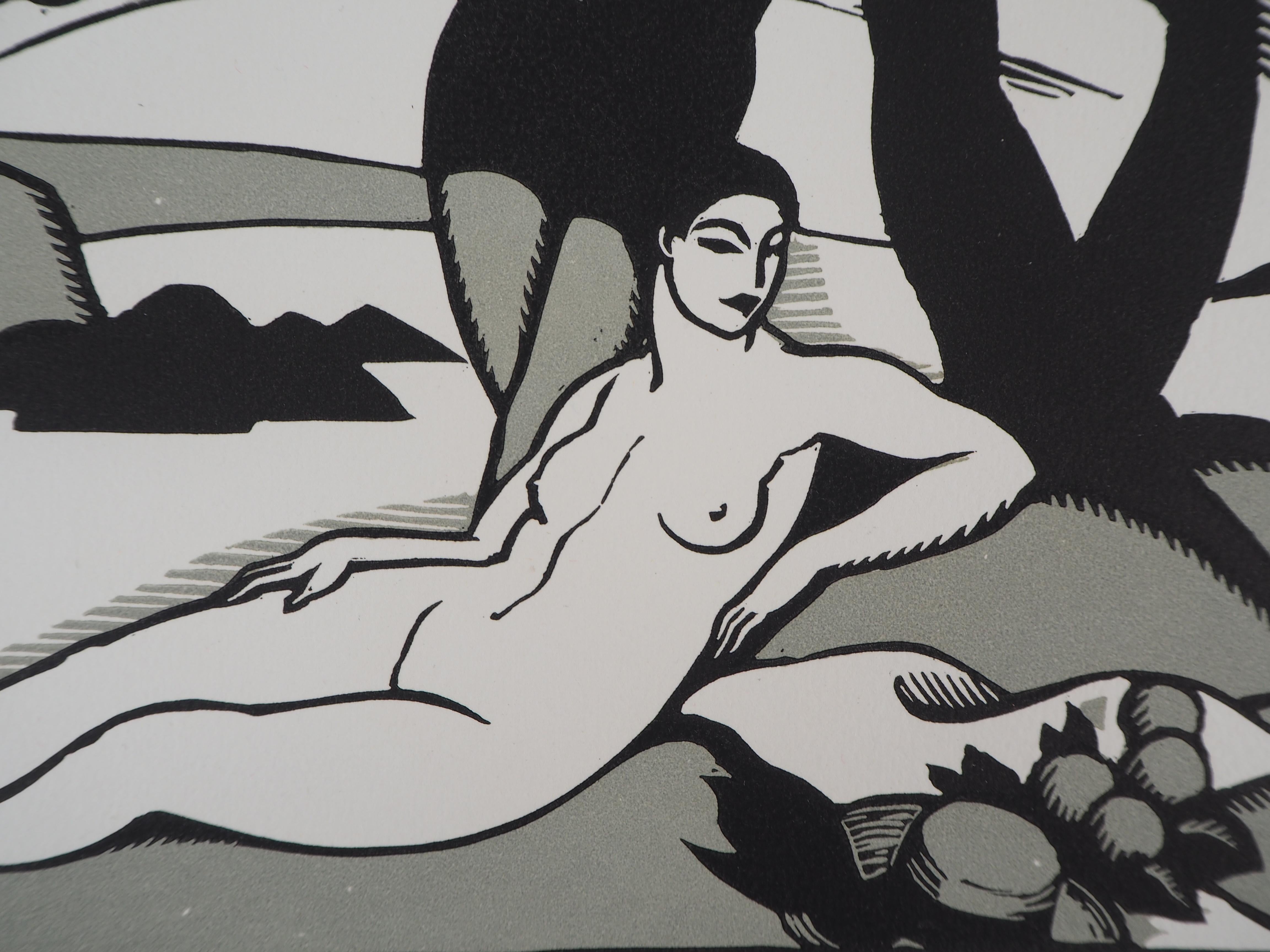 Charles Picart le Doux
Hommage an Cezanne : Die Badenden (Art Deco), 1923

Original Holzschnitt
Gedruckte Unterschrift auf der Platte
Nummeriert /154
Auf Pergament 32,5 x 25,5 cm (ca. 13 x 10 Zoll)
Trägt den Blindstempel des Herausgebers 'Imagier de