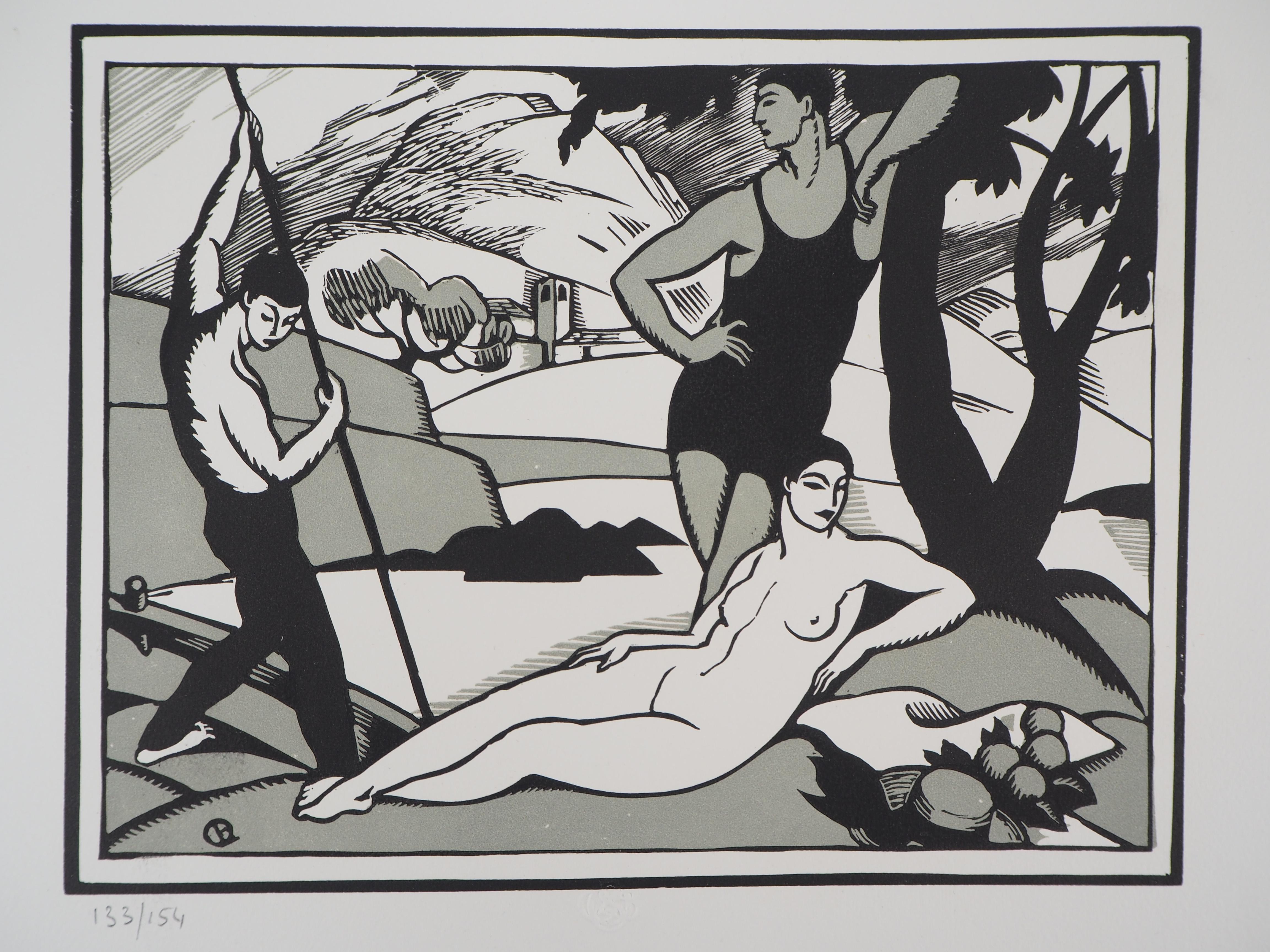 Charles Picart le Doux Landscape Print – Tribute to Cezanne: Die Badenden (Art Deco) – Original-Wohnschnitt