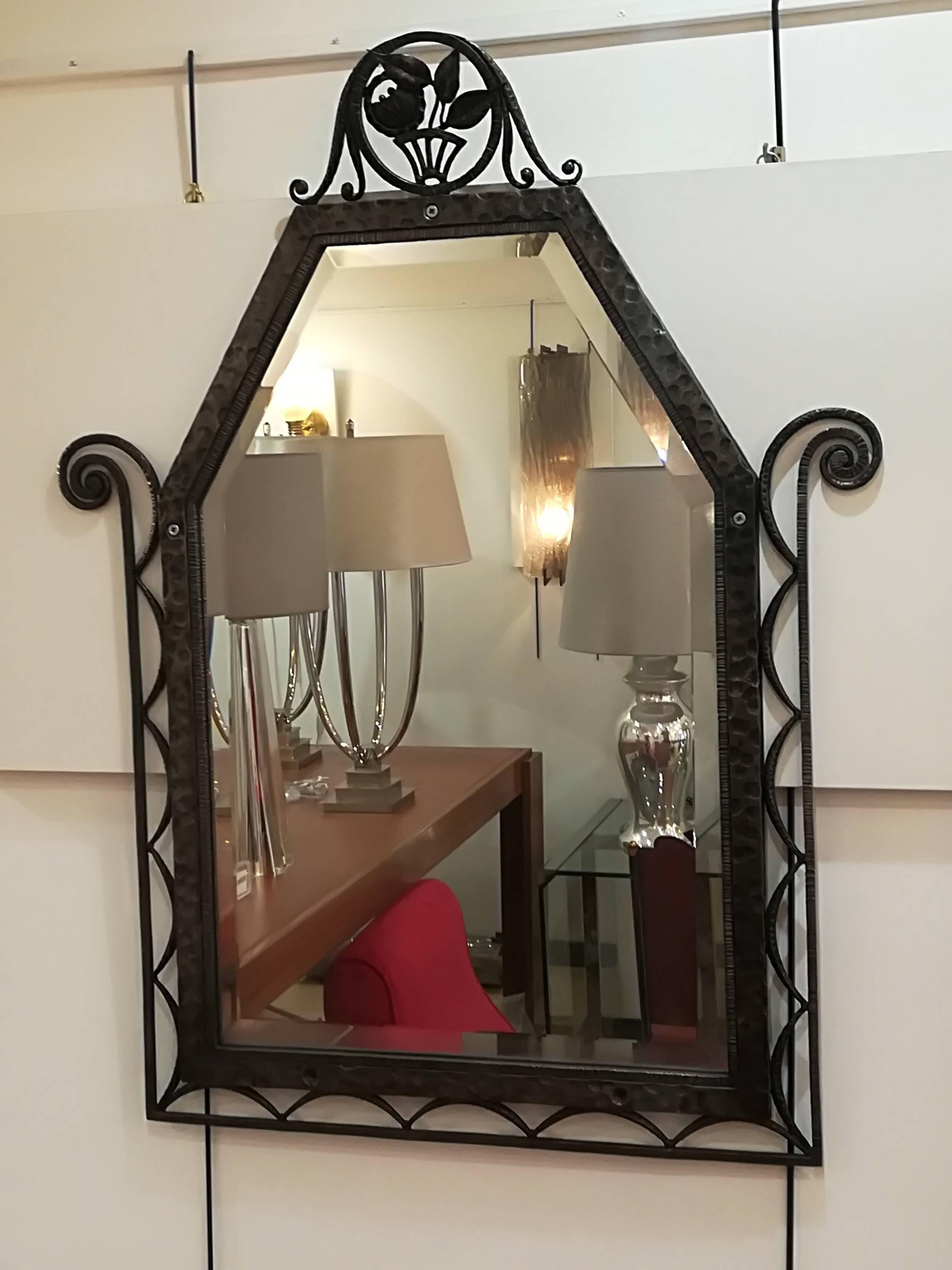 French Charles Piguet Art Deco Wrought Iron Wall Mirror, circa 1930