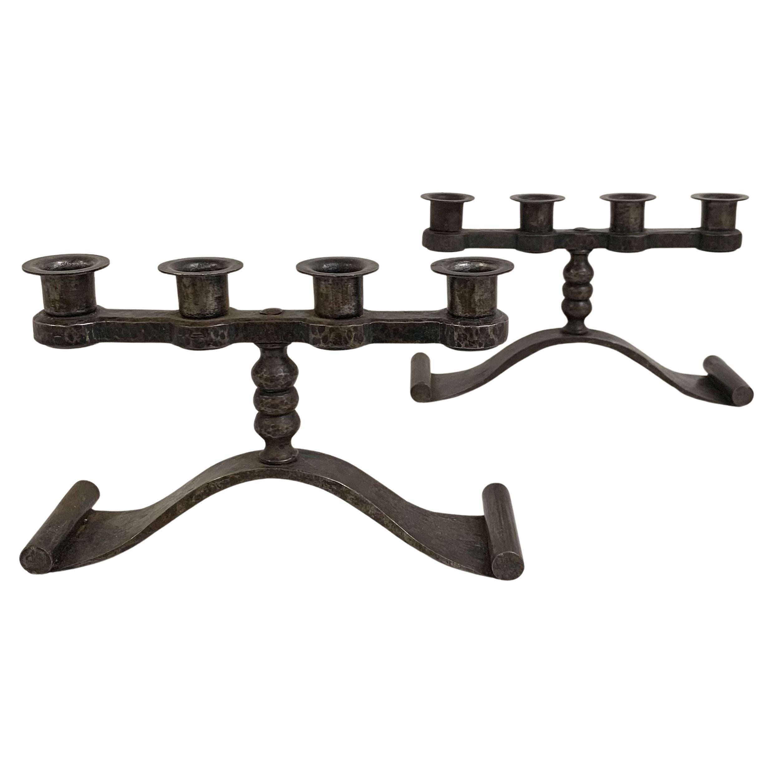 Charles Piguet Pair of Stamped Wrought Iron Candle Holders, circa 1925, France.