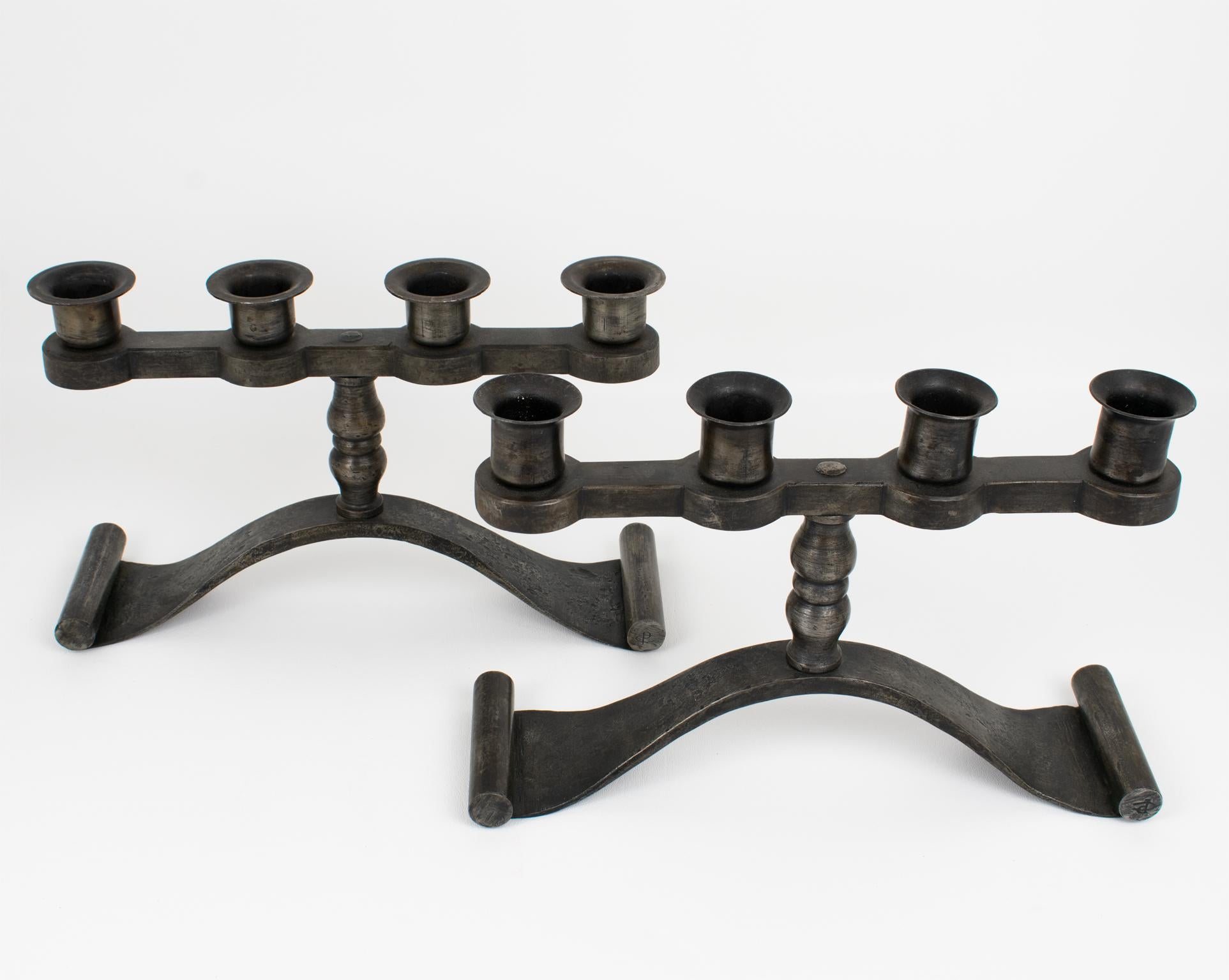 Charles Piguet Pair of Wrought Iron Candelabras Candle Holders, 1920s For Sale 4
