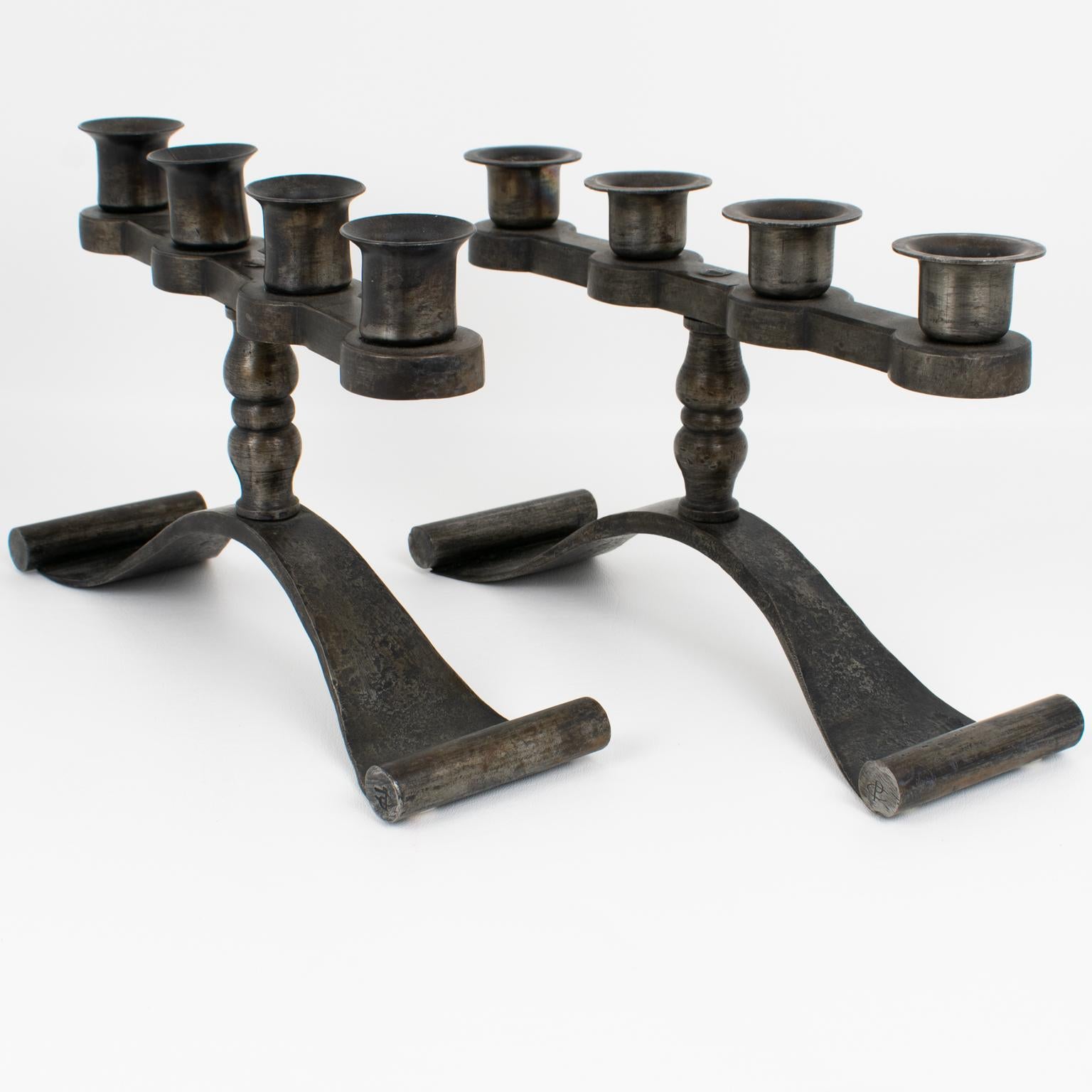 Art Deco Charles Piguet Pair of Wrought Iron Candelabras Candle Holders, 1920s For Sale