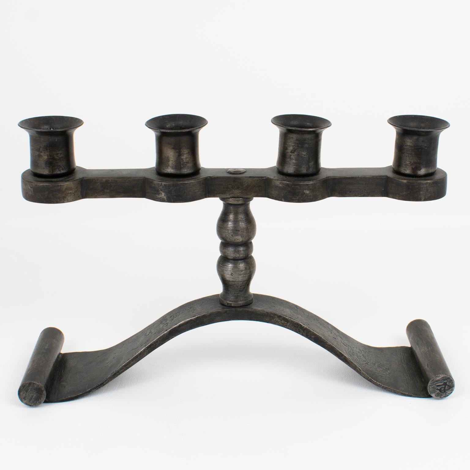 French Charles Piguet Pair of Wrought Iron Candelabras Candle Holders, 1920s For Sale