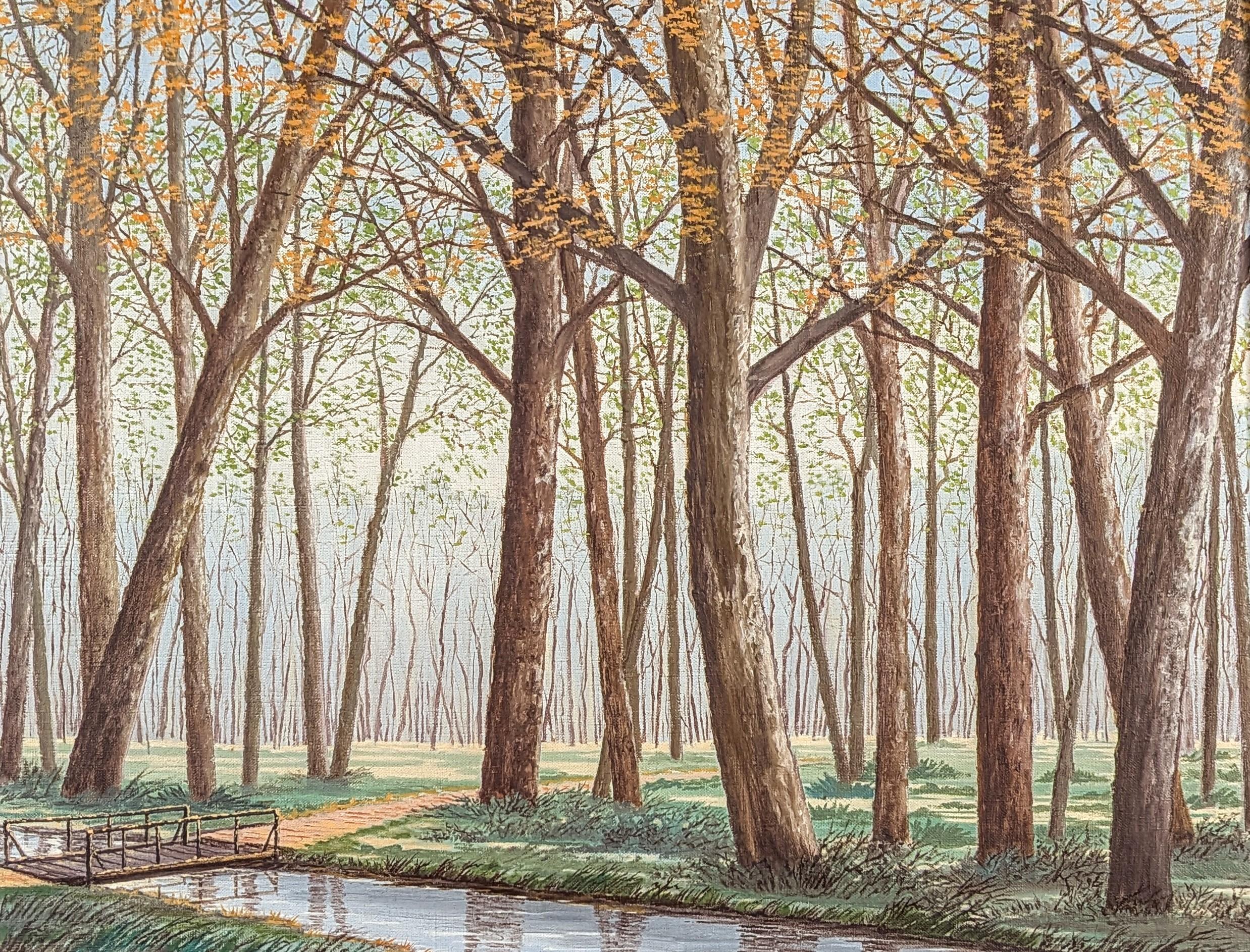 Foret Chantilly - Large Mid 20th Century French Naïf Wooded Landscape Painting For Sale 1