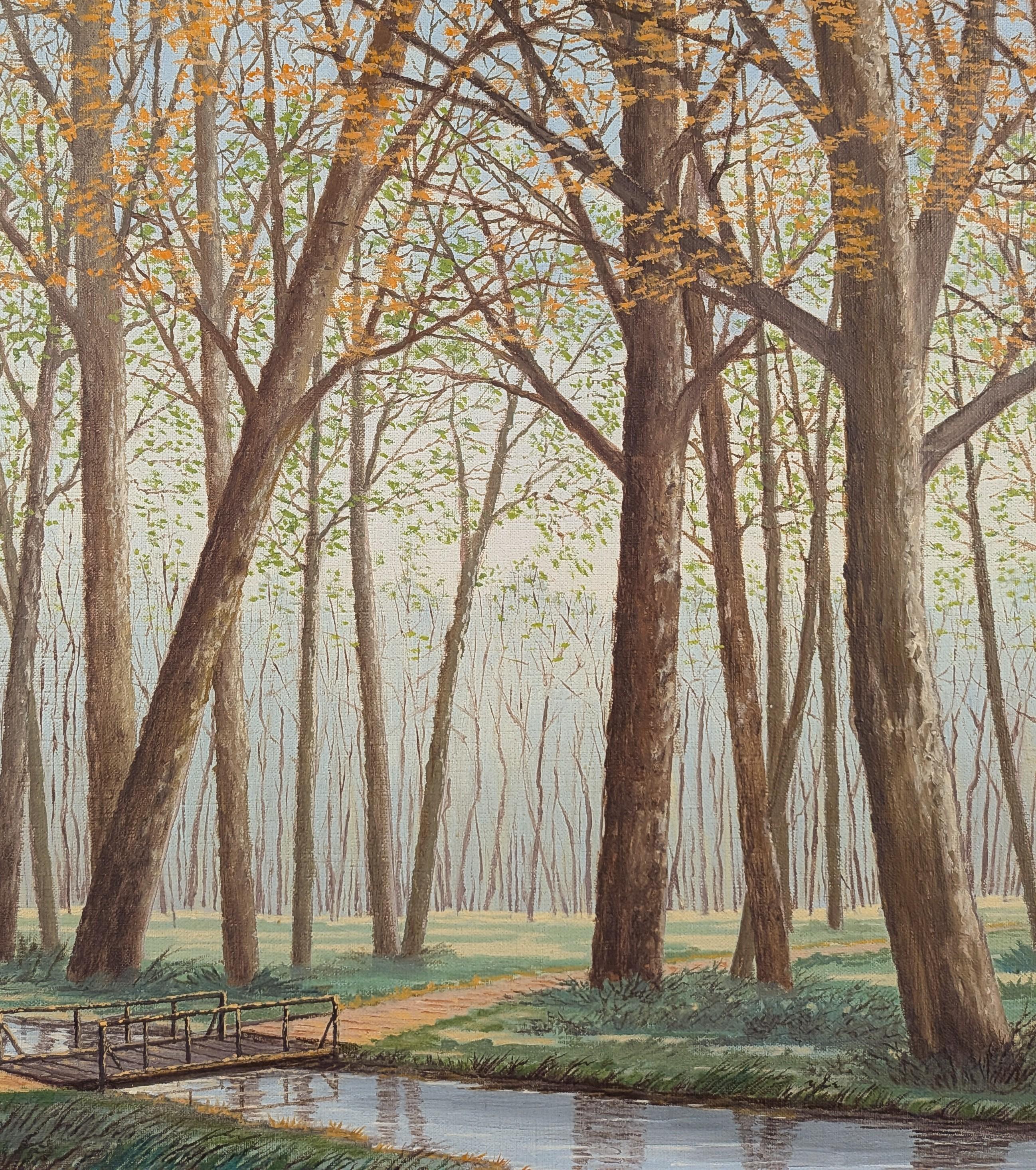 Foret Chantilly - Large Mid 20th Century French Naïf Wooded Landscape Painting For Sale 2