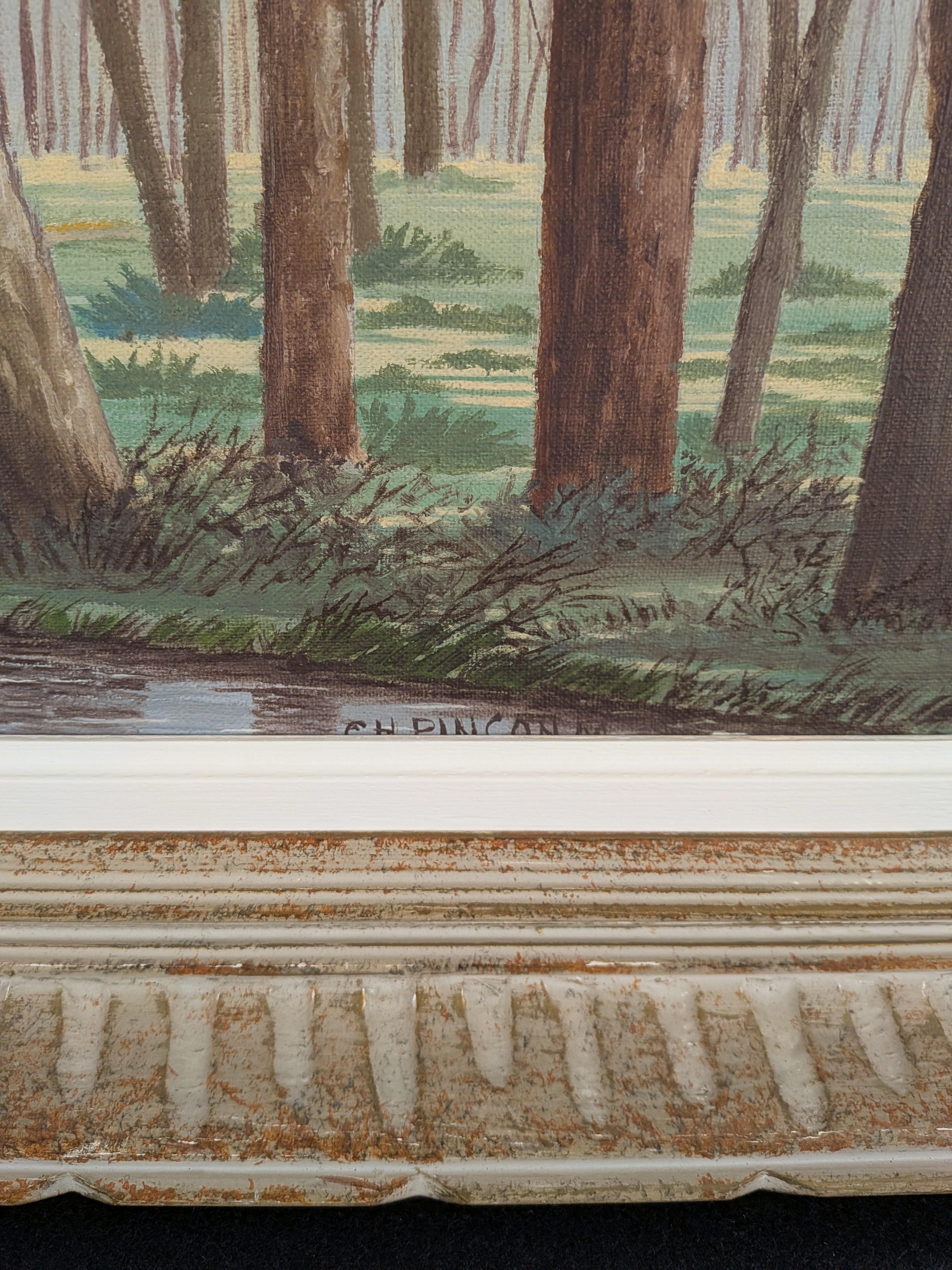 Foret Chantilly - Large Mid 20th Century French Naïf Wooded Landscape Painting For Sale 4