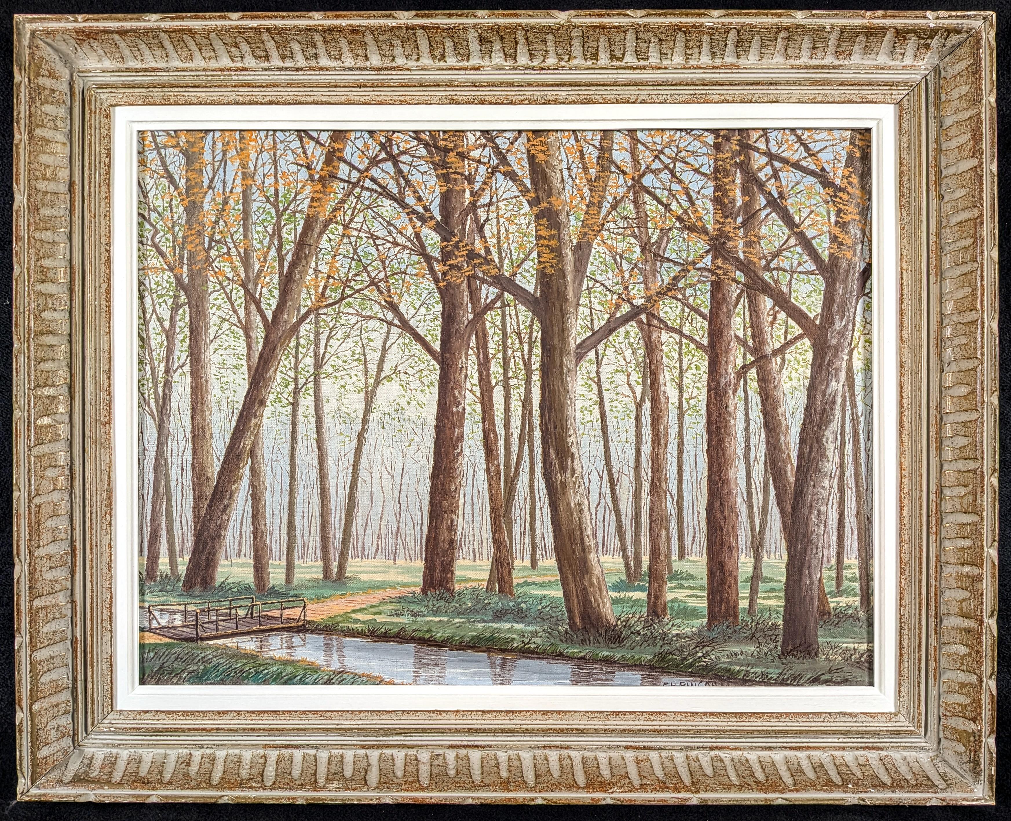 A beautiful mid 20th century French naïf oil on canvas wooded landscape by Charles Pincon-Maricourt. The artist is featured in Anatole Jakovsky's ''Peintres Naïfs'', which is considered to be the bible of 20th century French naïf painters.

This