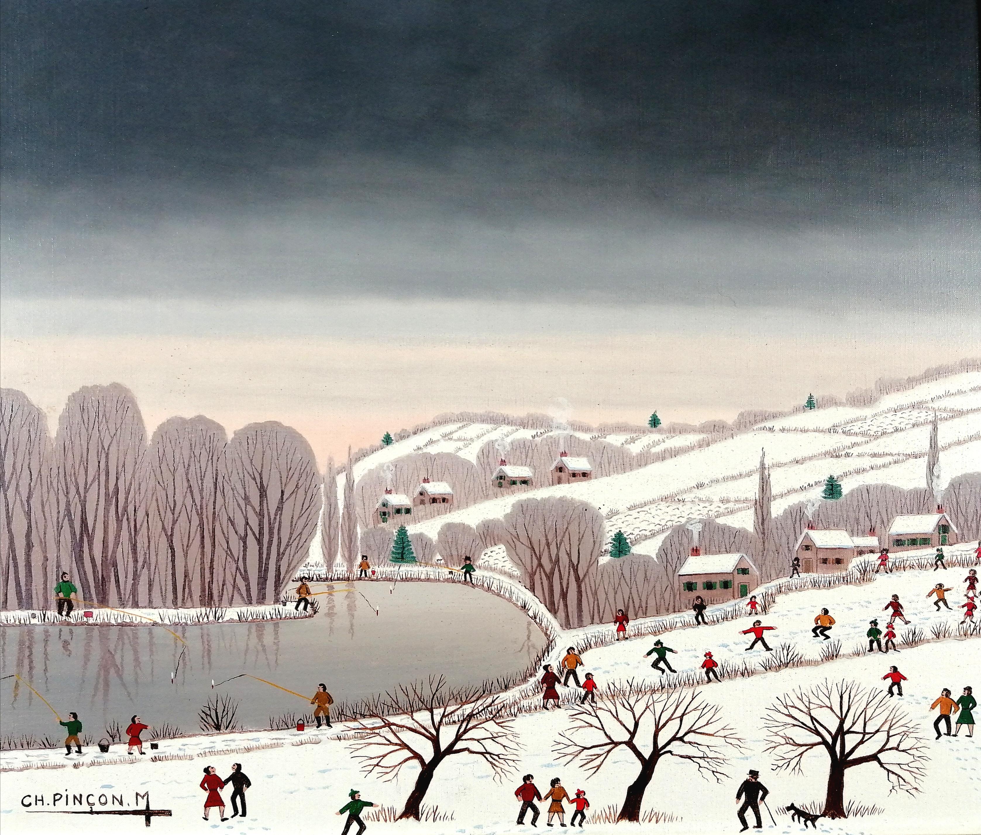 Heureux Dimanche en Hiver - Französische Winterlandschaft aus der Mitte des 20. – Painting von Charles Pincon-Maricourt