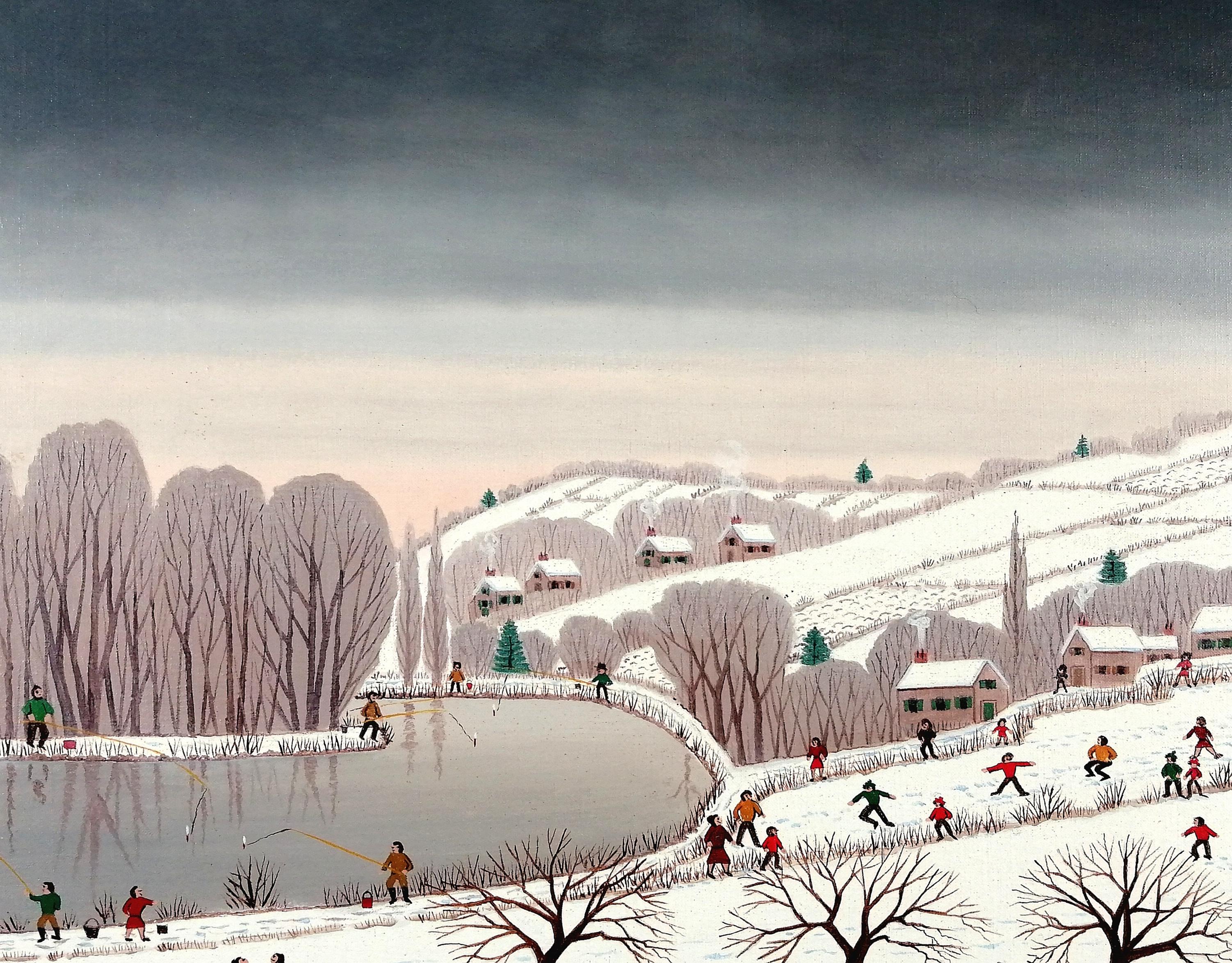 Heureux Dimanche en Hiver - Französische Winterlandschaft aus der Mitte des 20. (Braun), Landscape Painting, von Charles Pincon-Maricourt