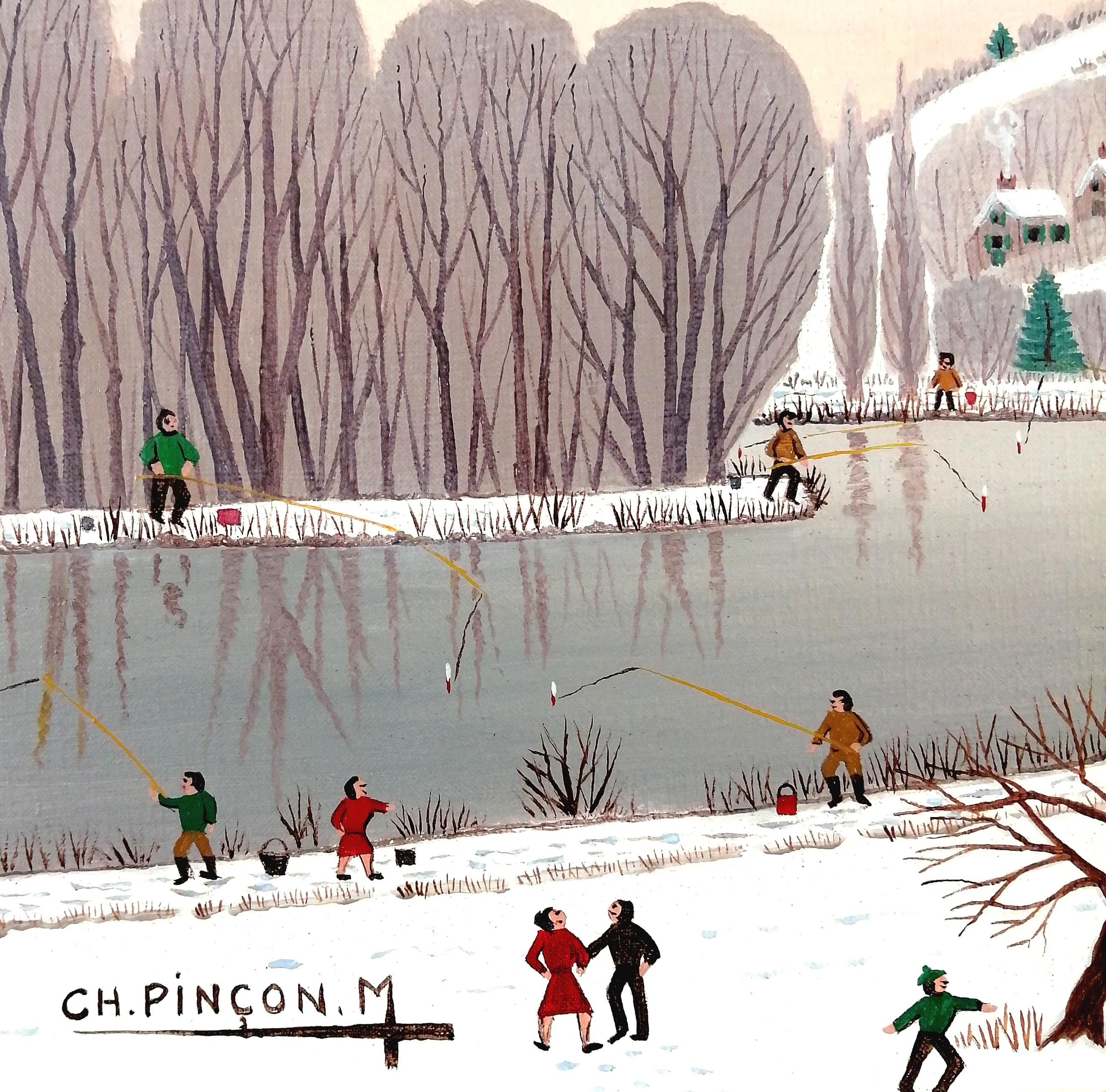 Eine schöne große Mitte des 20. Jahrhunderts Französisch naif Öl auf Leinwand Winterlandschaft von Charles Pincon-Maricourt. 

Der Künstler ist in Anatole Jakovskys ''Peintres Naifs'' vertreten, das als die Bibel der französischen Naif-Maler des