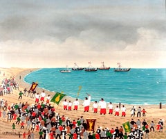 Hoëdic, Bénédiction de la Mer - Mid Century French Naive Brittany Beach Painting