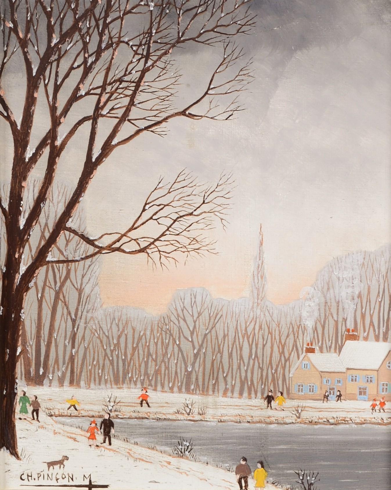 La Maison Pres de l'Etang - Paisaje invernal francés de mediados del siglo XX - Painting de Charles Pincon-Maricourt