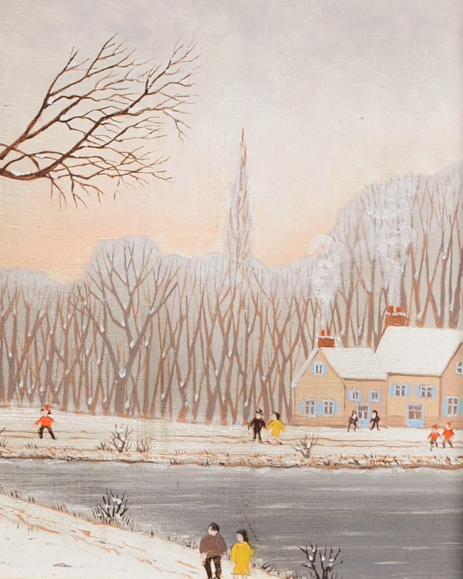 Precioso paisaje invernal al óleo sobre lienzo de un naif francés de mediados del siglo XX, obra de Charles Pincon-Maricourt. El artista aparece en la obra de Anatole Jakovsky ''Peintres Naifs'', conocida como la biblia de los pintores naif