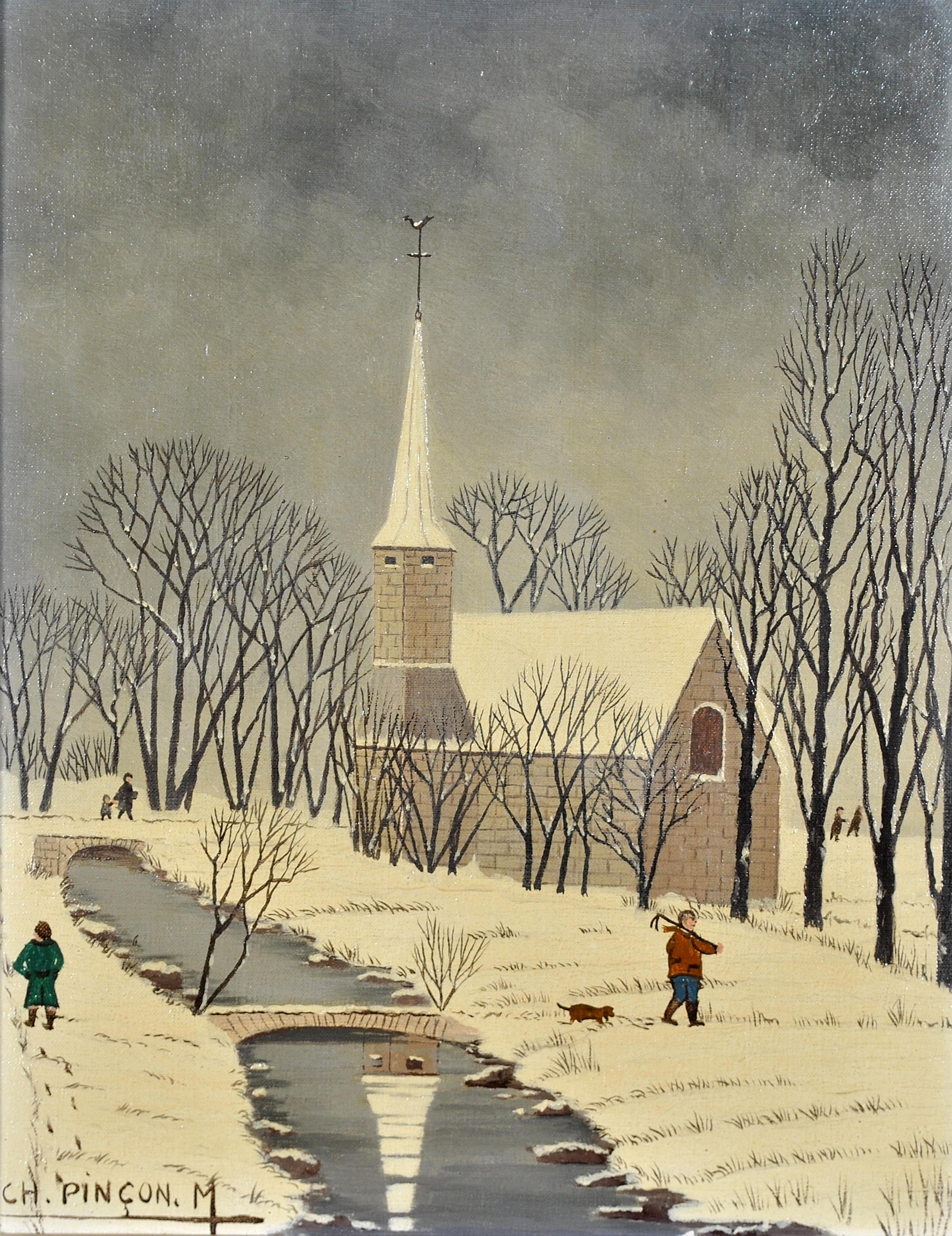 A beautiful mid 20th century French naif oil on canvas winter landscape by Charles Pincon-Maricourt. The artist is featured in Anatole Jakovsky's ''Peintres Naifs'', which is known as the bible of 20th century French naif painters.

The work depicts