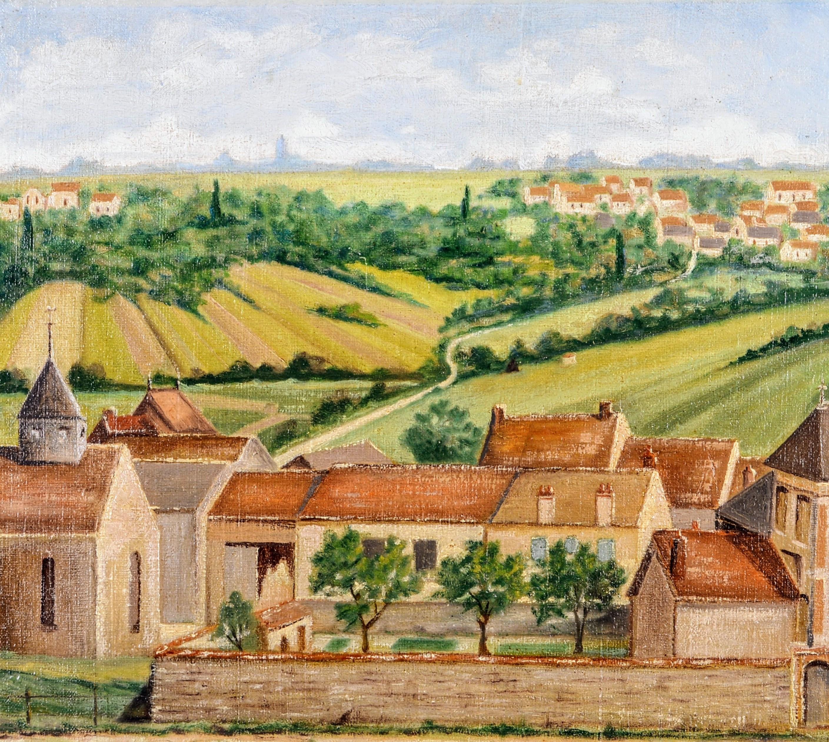 Senneville, Normandy - Large Mid 20th Century French Naïf Landscape Oil Painting - Beige Landscape Painting by Charles Pincon-Maricourt