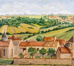 Senneville, Normandía - Gran óleo de paisaje naïf francés de mediados del siglo XX