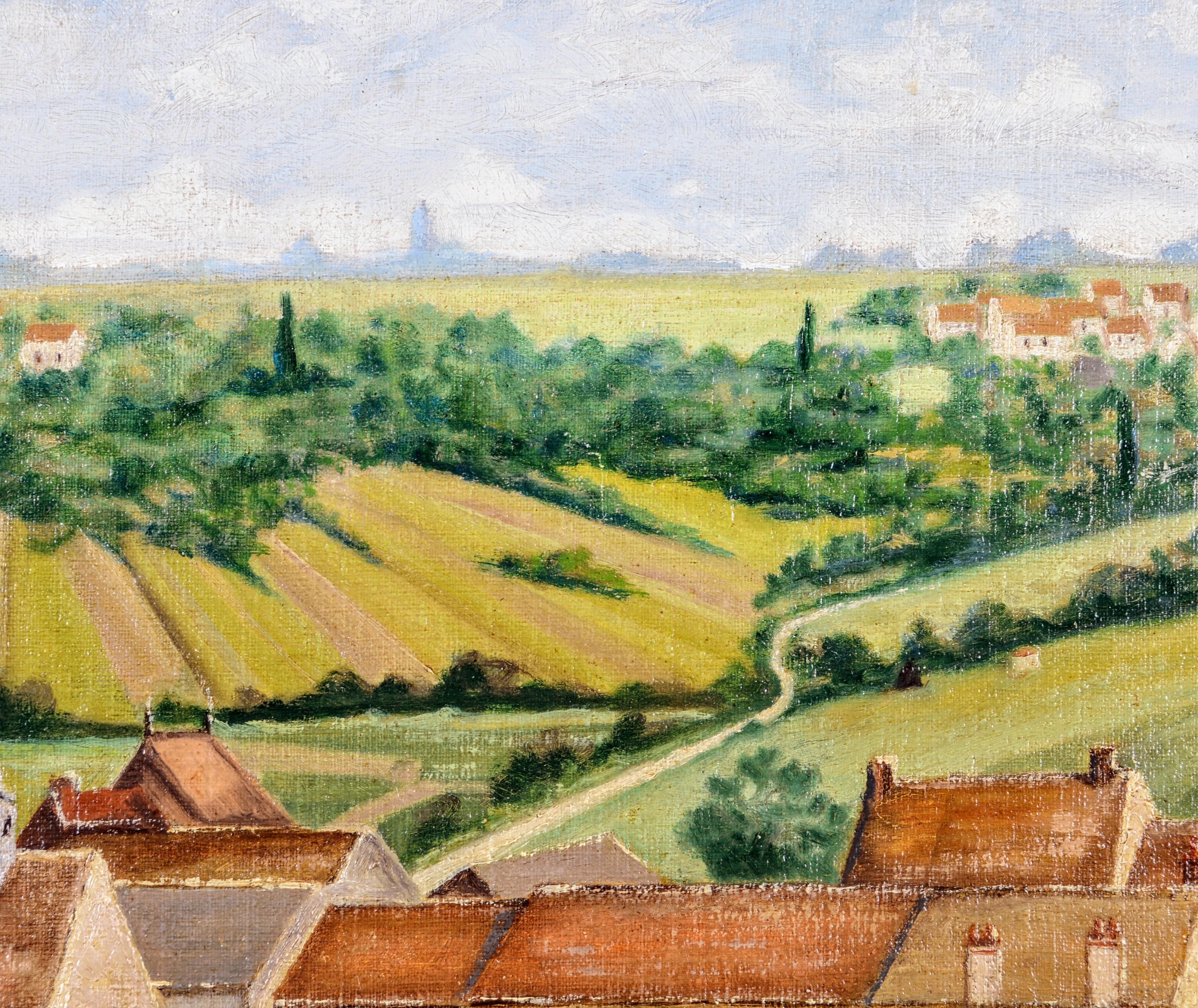 Senneville, Normandy - Large Mid 20th Century French Naïf Landscape Oil Painting For Sale 1