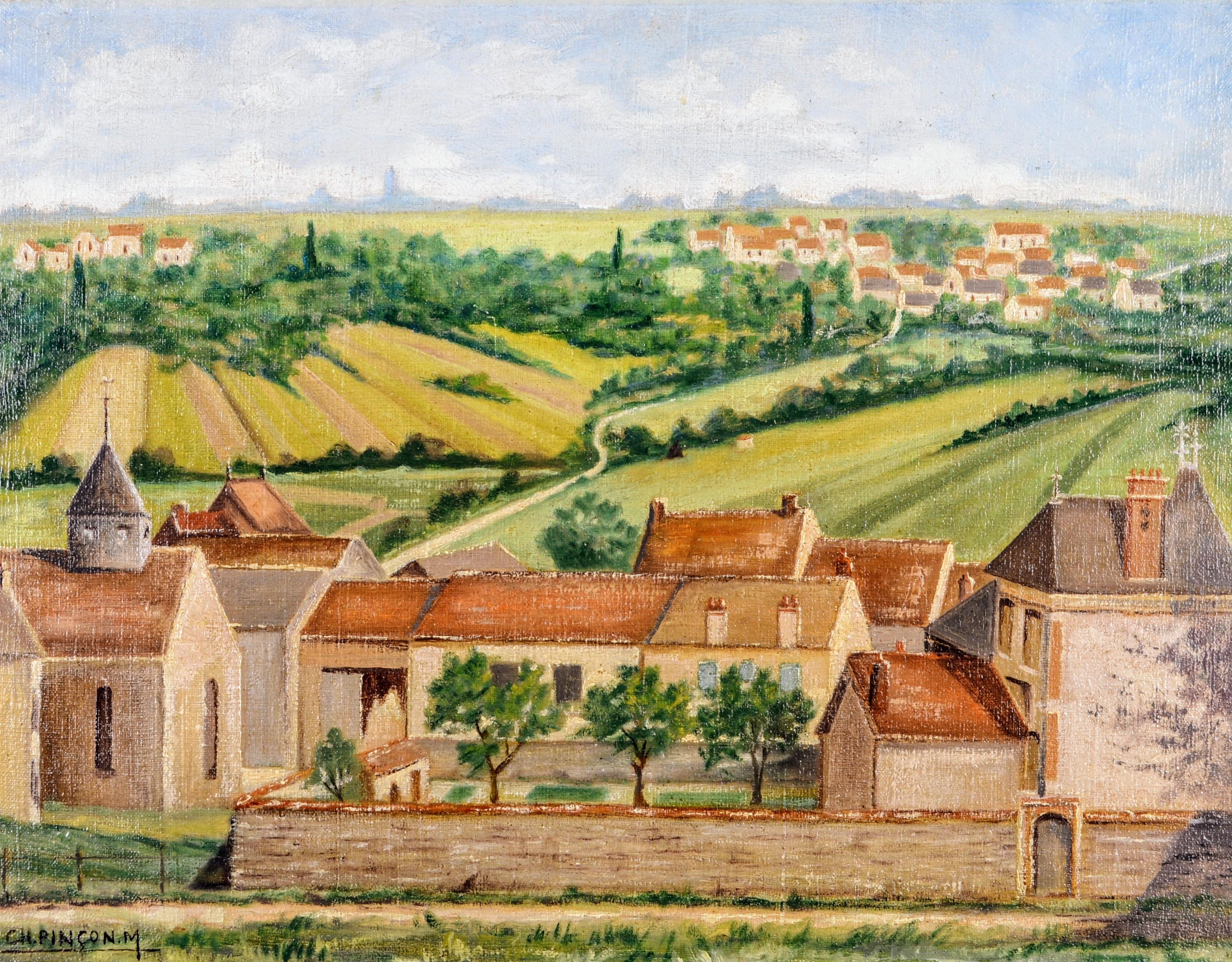 Charles Pincon-Maricourt Landscape Painting - Senneville, Normandy - Large Mid 20th Century French Naïf Landscape Oil Painting