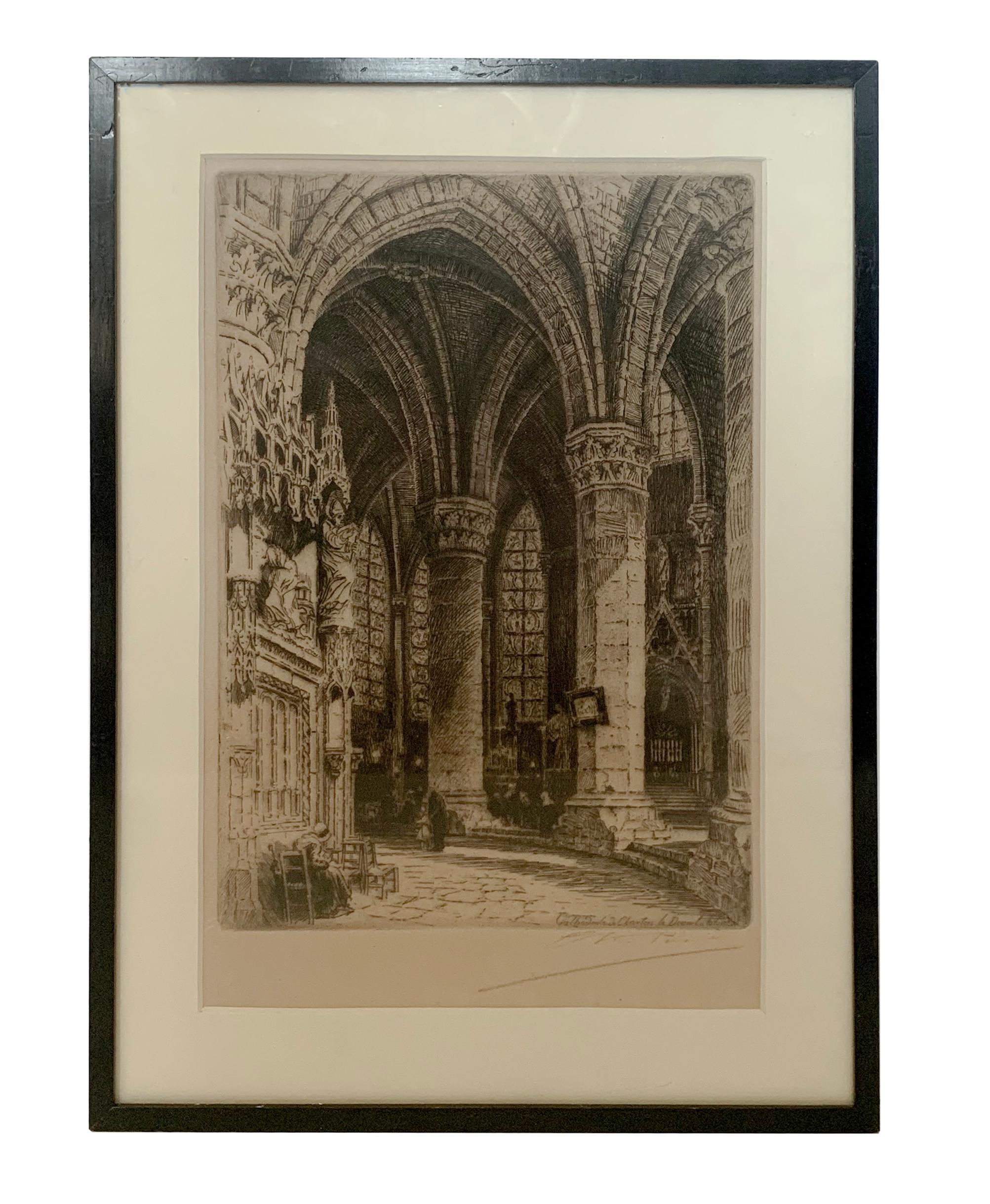 20th Century Charles Pinet Etching, Cathedrale De Chartres Le Deam For Sale