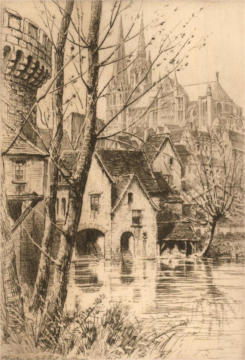 A charming pair of etchings of a French town scenes overlooking the cathedral. The artist has signed in graphite to the lower edge and has inscribed the location in place as well as placing a personal blindstamp to the lower left. On wove.
