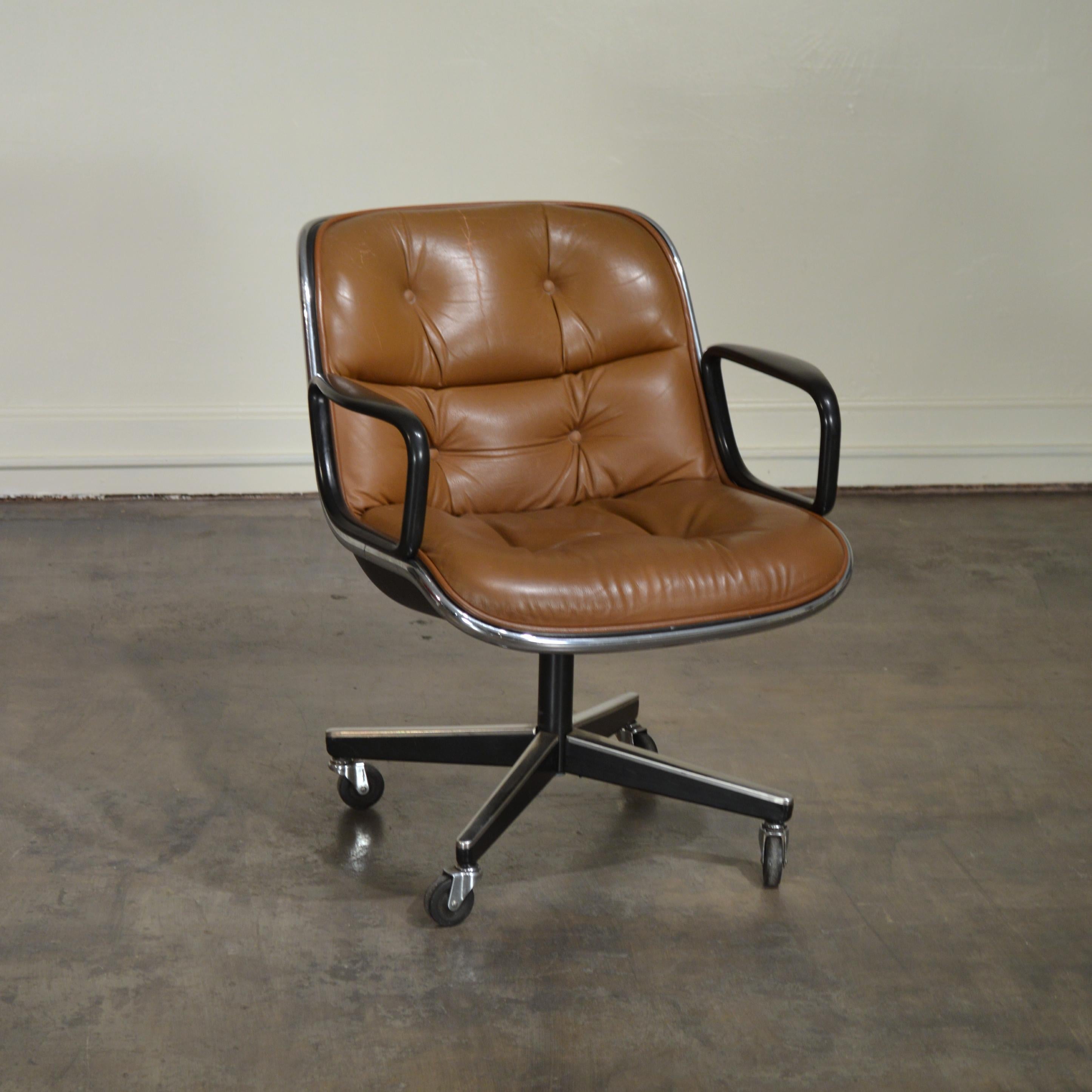 Rolling Cognac leather executive chair designed by Charles Pollock in 1963 for Knoll. This vintage example has original buttery cognac leather and an attractive 4 wheel configuration. Whether working from home or bringing a touch of home to work,