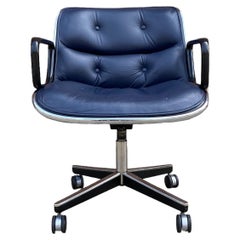 Retro Charles Pollock Desk Chair by Knoll in Navy Blue Leather