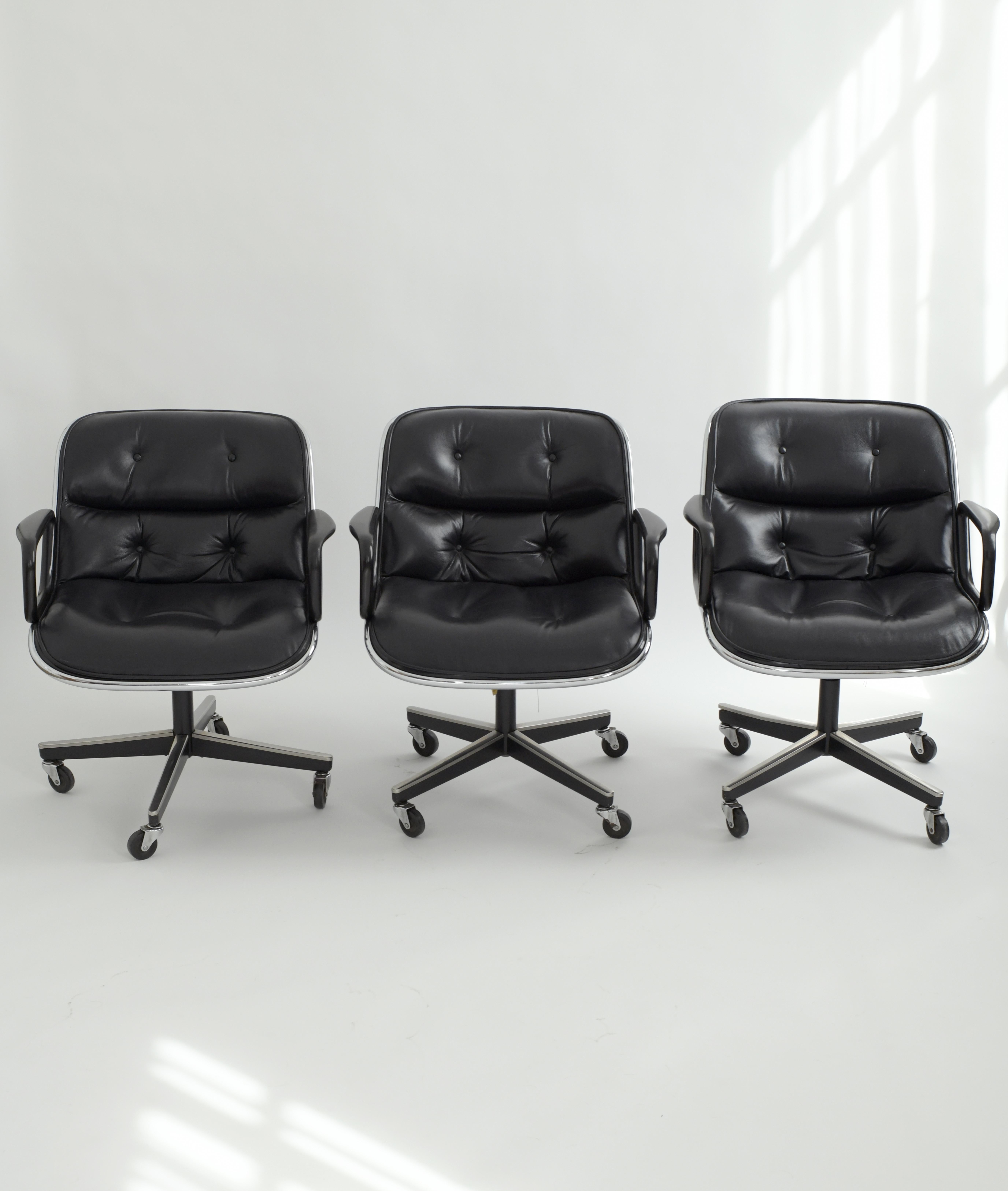 Executive Chairs by Charles Pollock for Knoll in black leather. These beautiful black leather executive chairs are incredibly comfortable and will look great in any office. This set was produced in 1981 and considering their age, they are in great