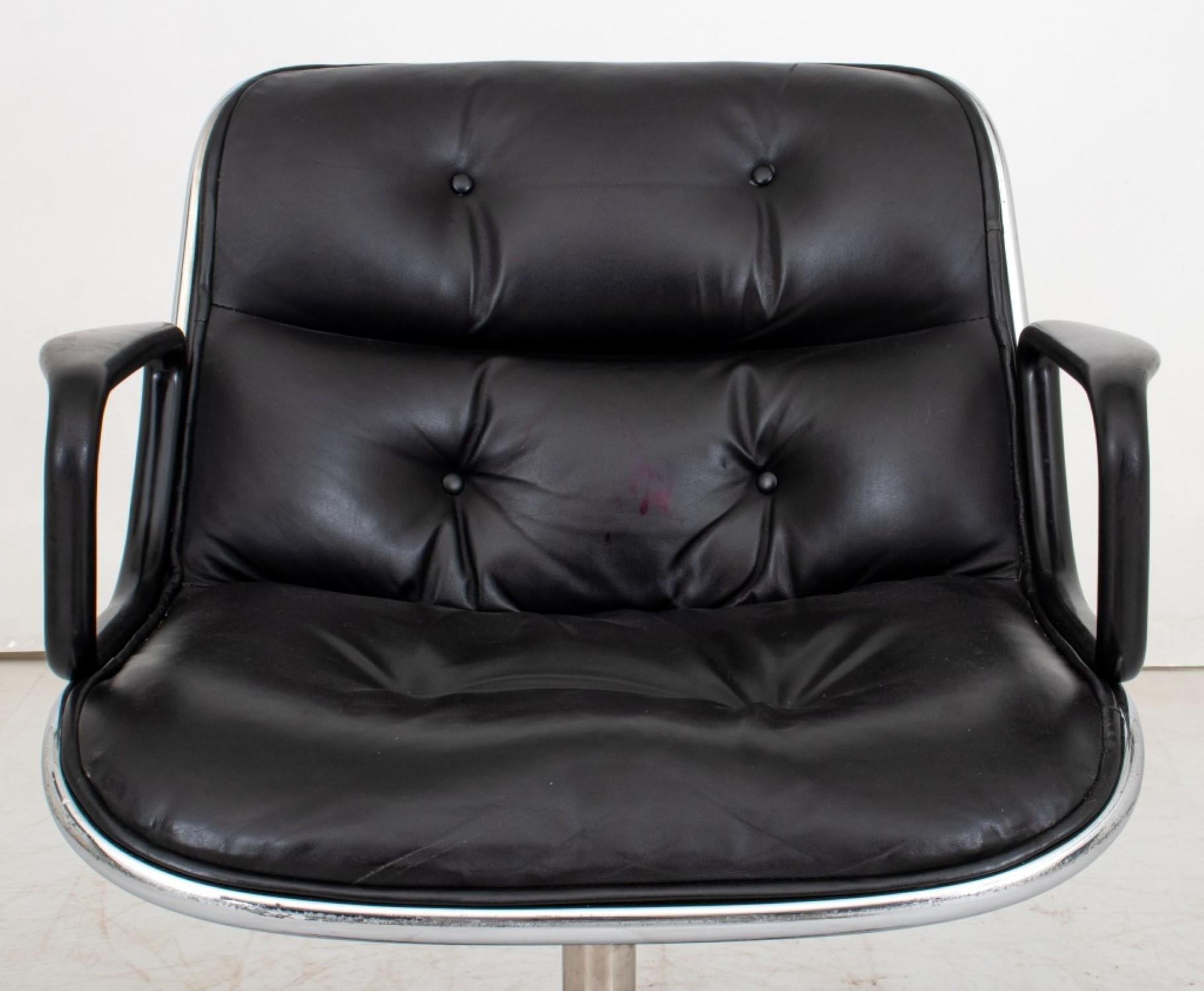 Charles Pollock Executive Office Chair for Knoll International (1963)

Design:
Button-tufted black leather seat and backing on a chrome base with four casters.

Dimensions: 32.25