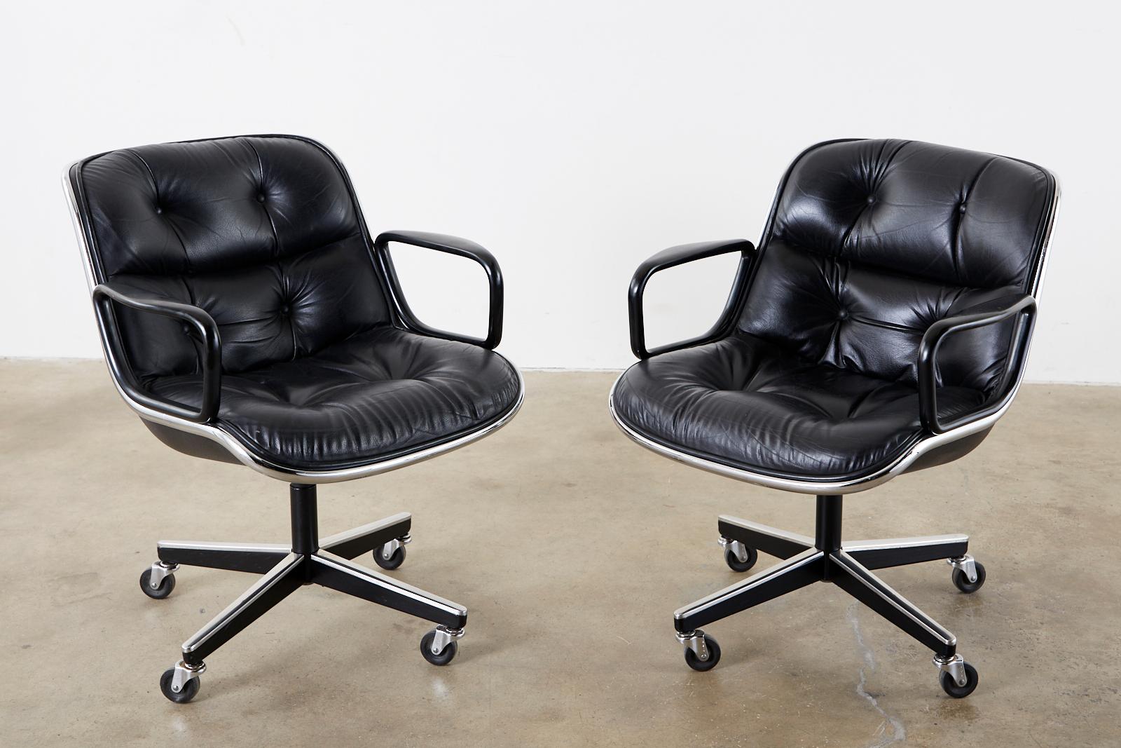 Mid-Century Modern Charles Pollock for Knoll Black Leather Executive Desk Armchairs