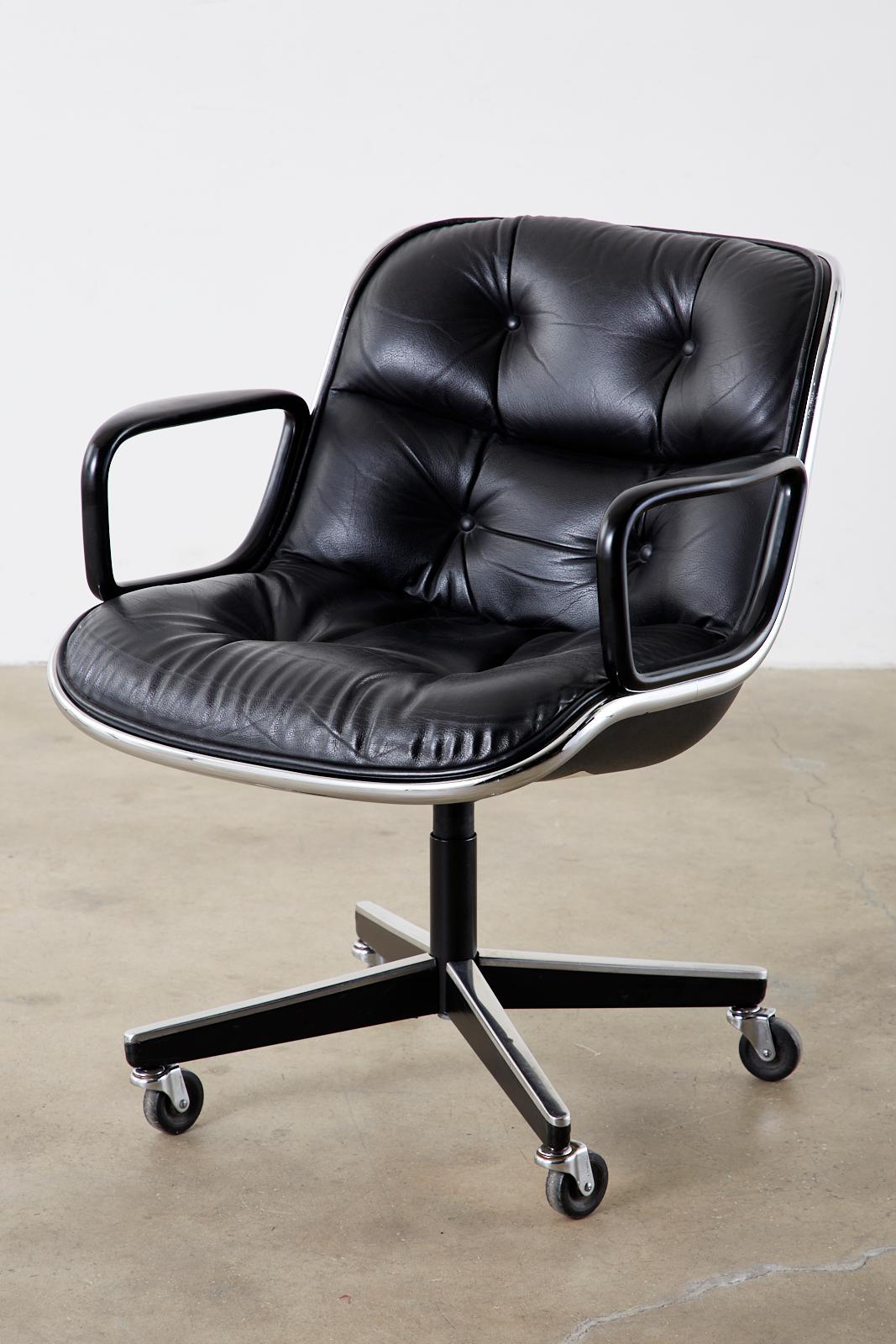 Aluminum Charles Pollock for Knoll Black Leather Executive Desk Armchairs