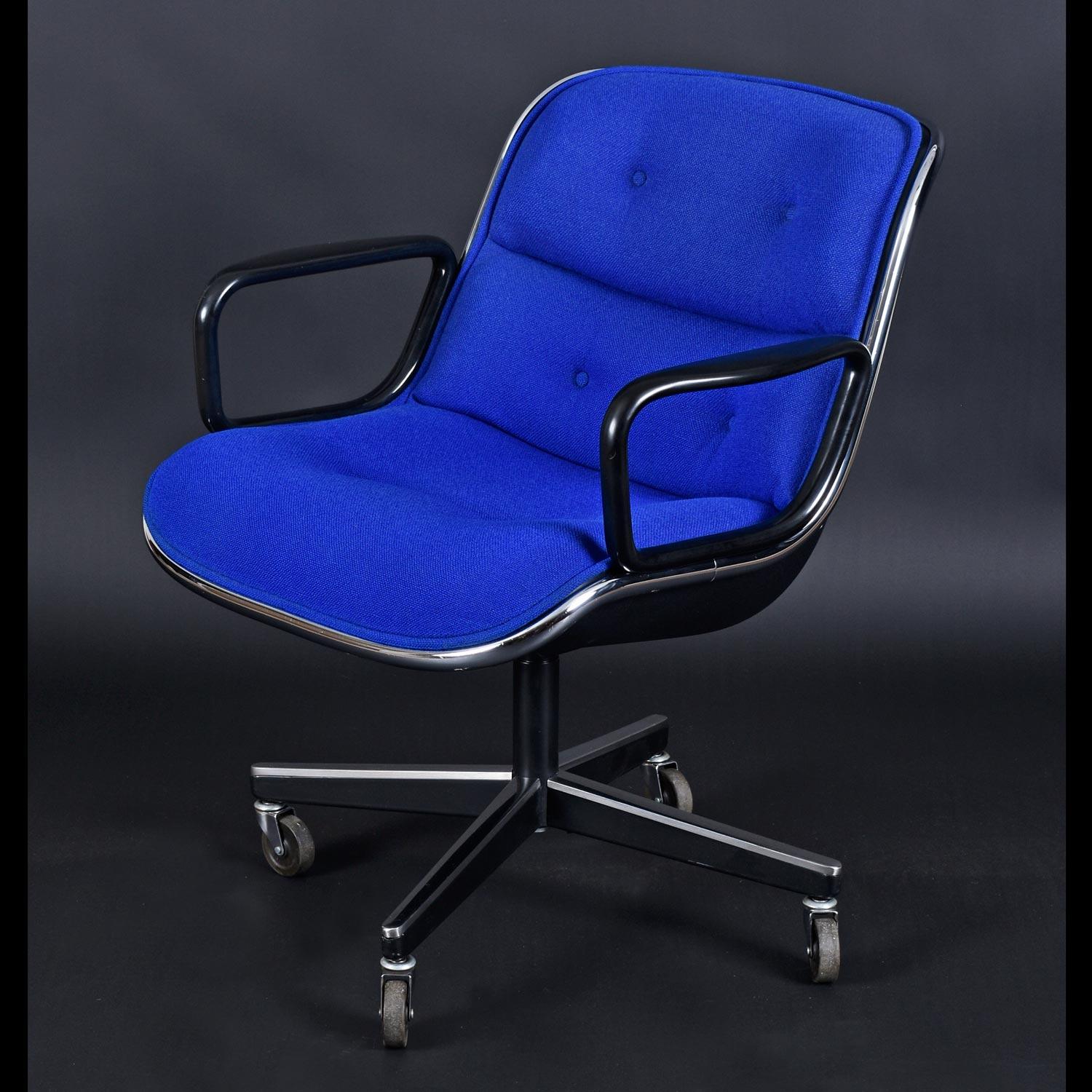 Sold as a pair

The blue woven wool tweed looks both original and in excellent condition. Both chairs have been professionally steam-cleaned and the color is now bright and even. The chrome edge band has only very minor imperfections and contrasts