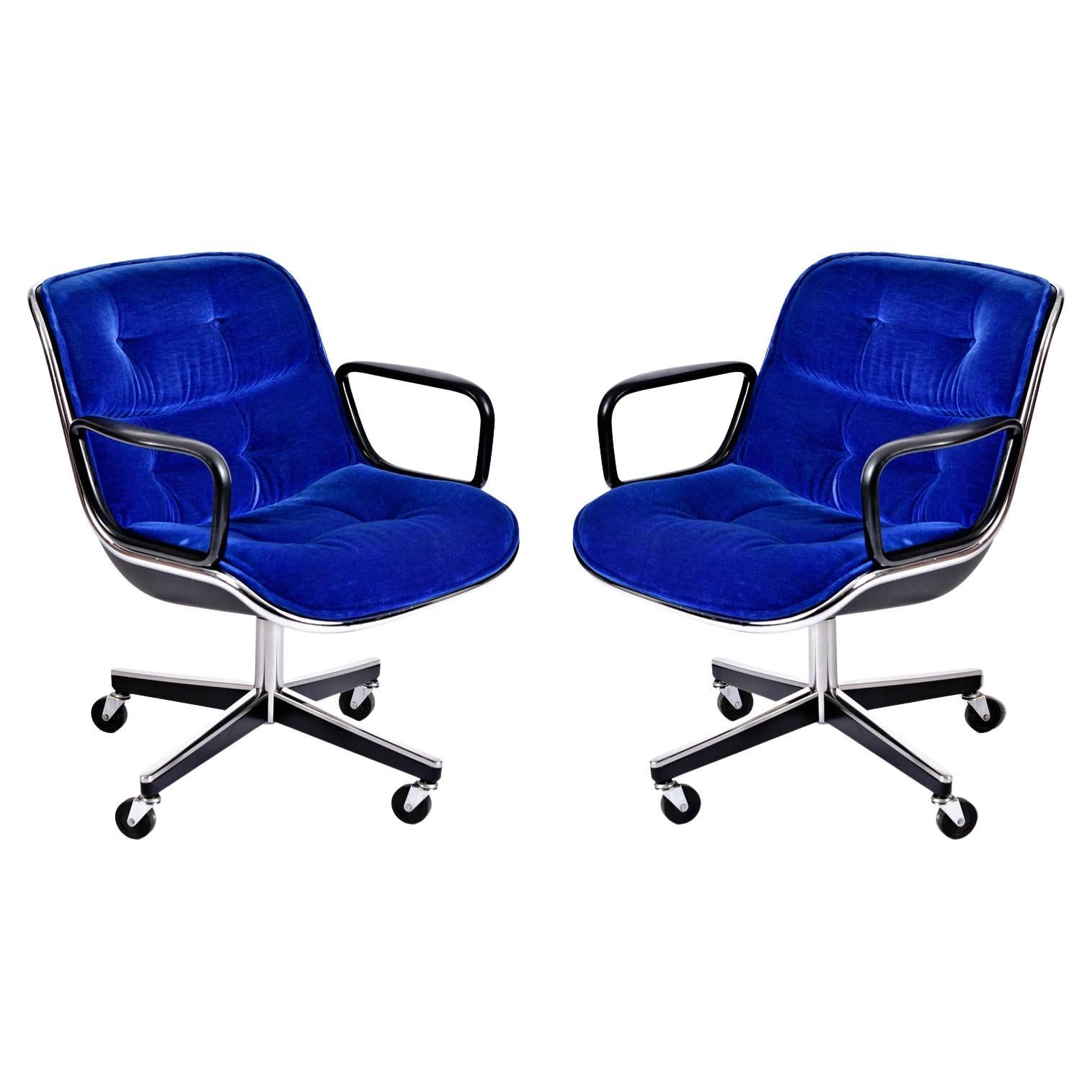 Charles Pollock for Knoll Blue Velvet Executive Chairs w/ Height Tension Knob
