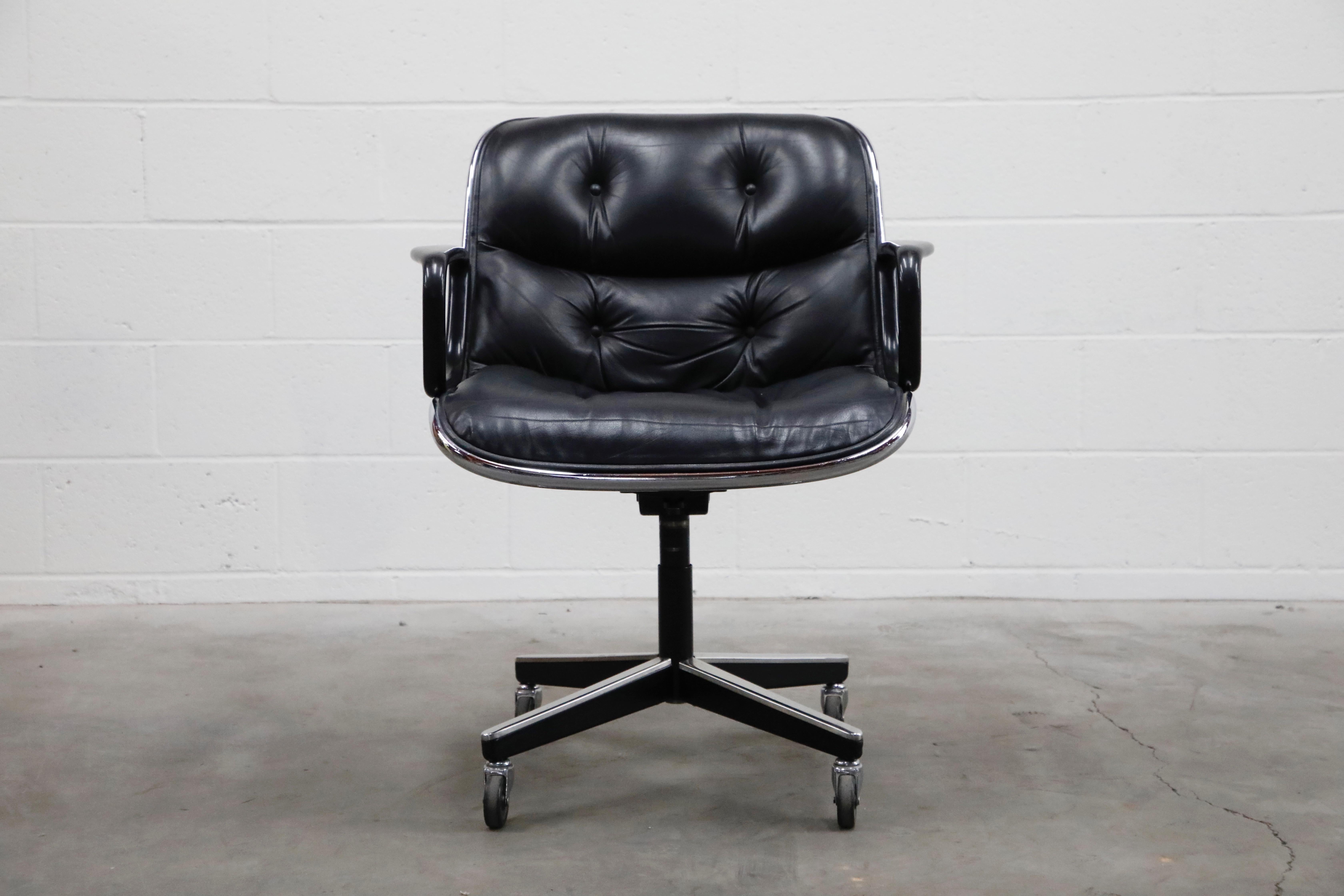 These Charles Pollock for Knoll International executive desk chairs are excellent collectors examples that have been well cared for over the decades, in exquisite black leather in very good to excellent vintage condition with light patina, and