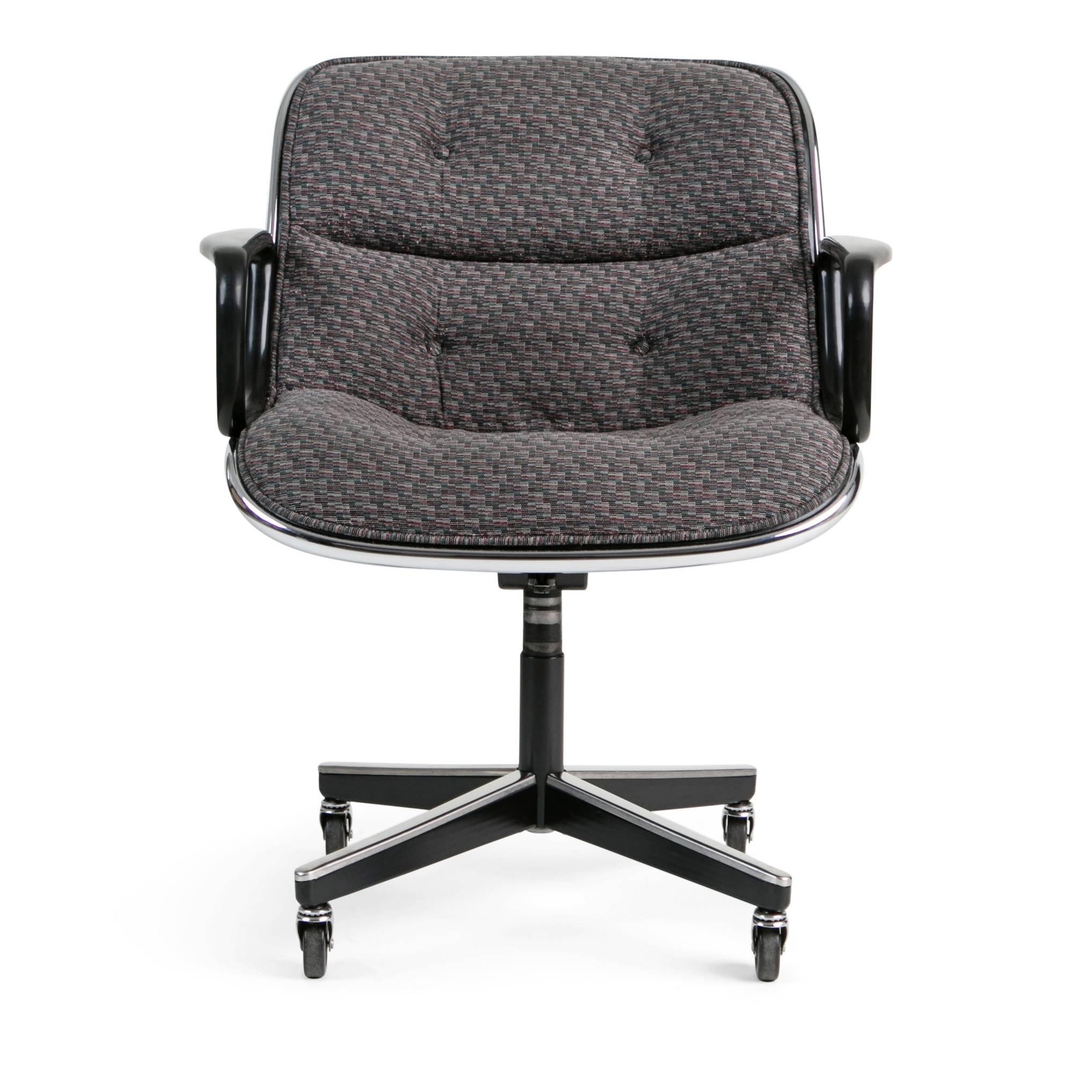 These are a great option for those who seek the classic Charles Pollock for Knoll International Executive desk chair but would prefer a non-leather (vegan) option. The fabric has a very cool looking design and is in amazing condition especially