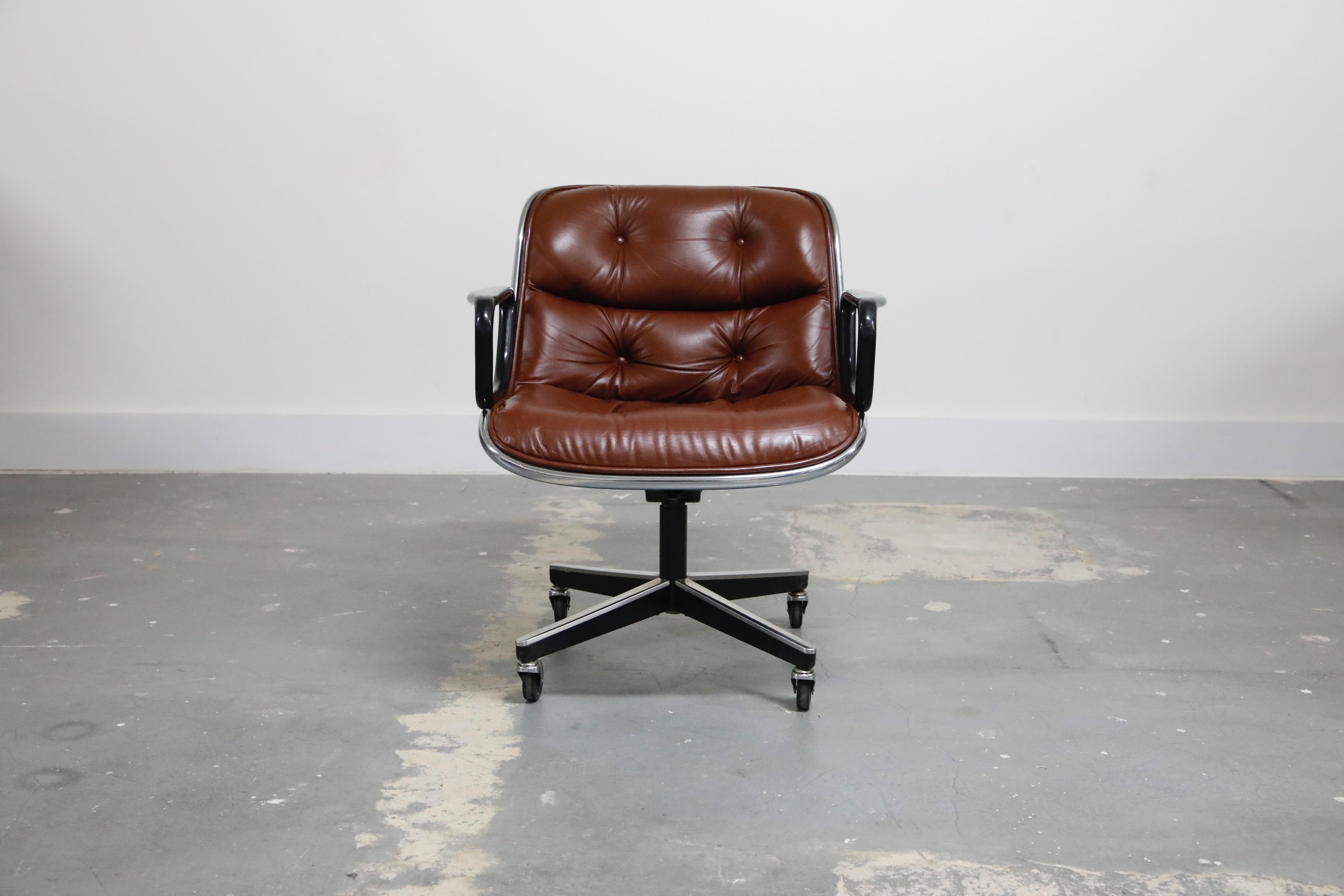 These Charles Pollock for Knoll International 'Executive Chairs' in a beautiful deep cognac colored leather with attractive light patina are early production examples from the earlier years of the design, making these a great option for collectors
