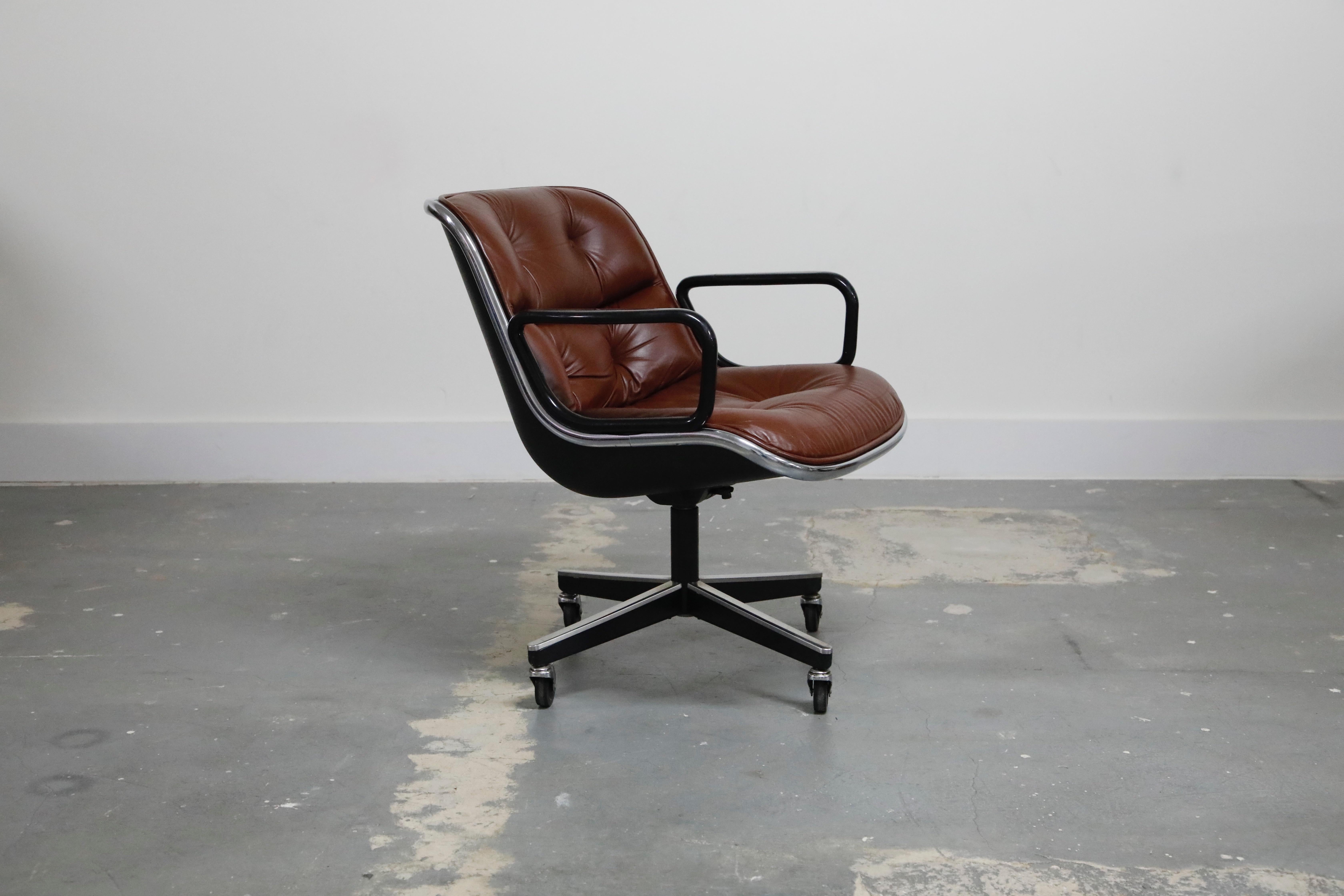 Mid-Century Modern Charles Pollock for Knoll International Leather Executive Desk Chairs, Signed