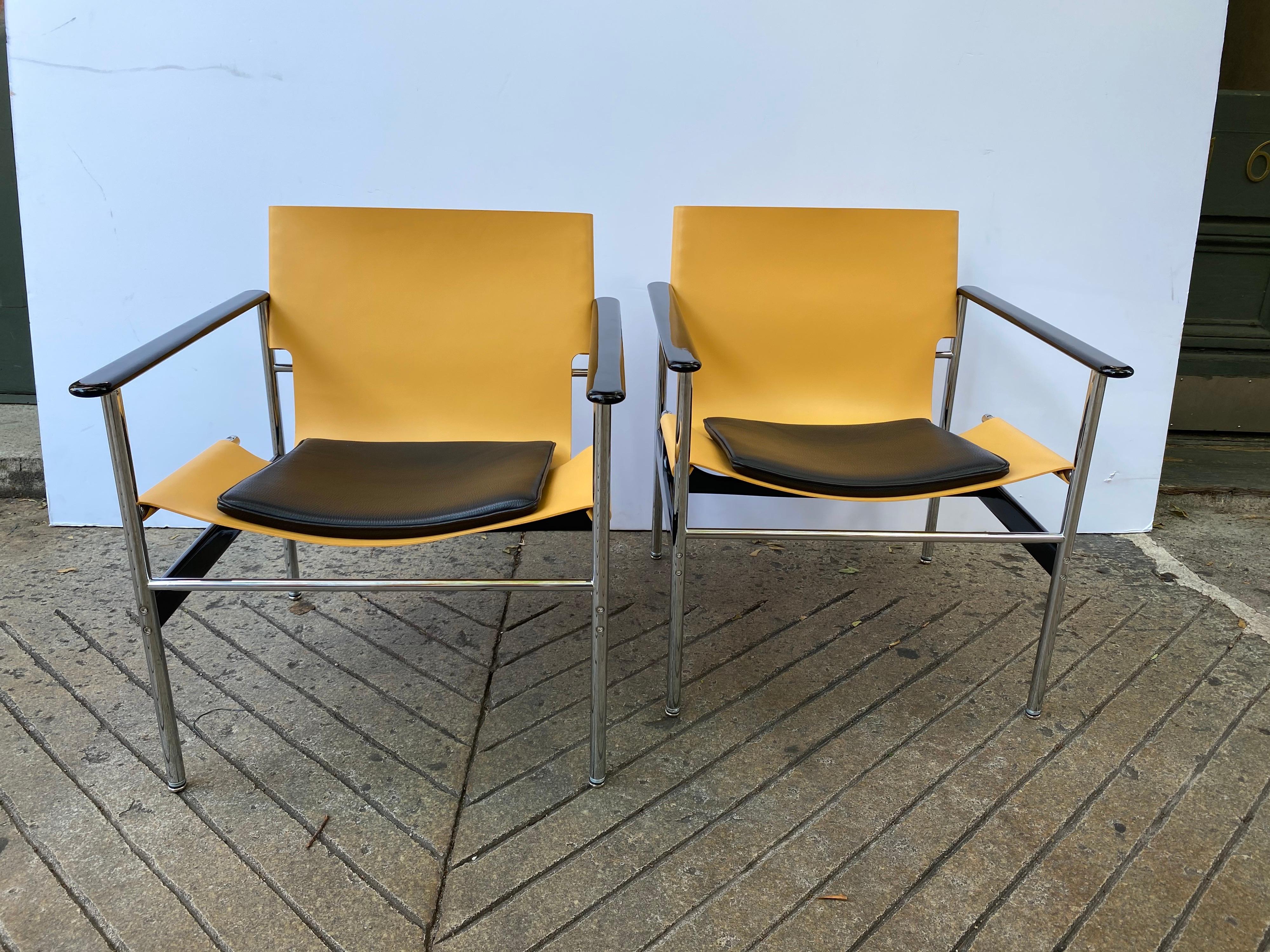 Mid-Century Modern Charles Pollock for Knoll Pair of Leather Sling Armchairs