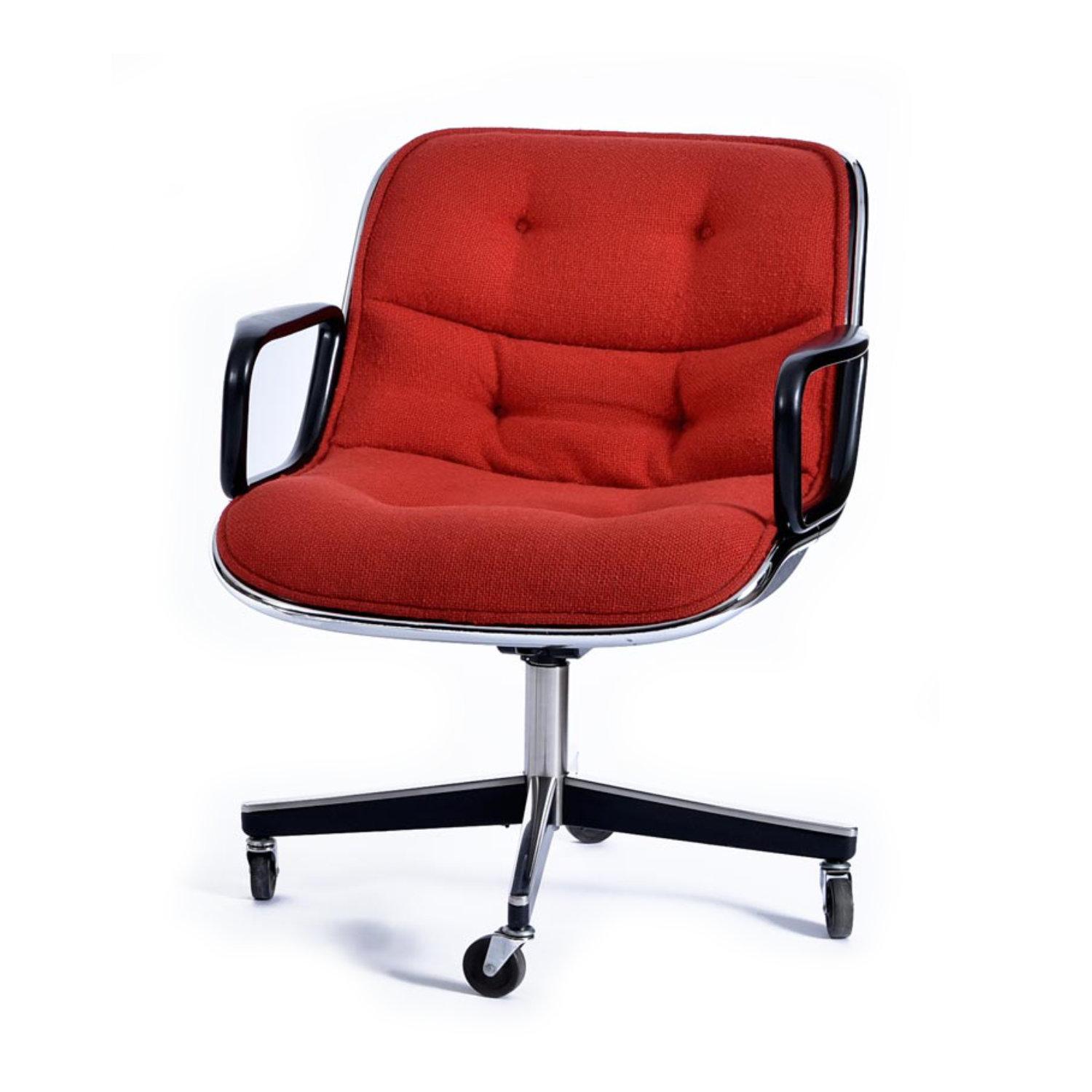 Original red tweed Charles Pollock for knoll executive chair. The original red fabric is in outstanding condition. Our restoration team has steam cleaned rendering the color is more bright and even. The chrome edge band and back shell have only very