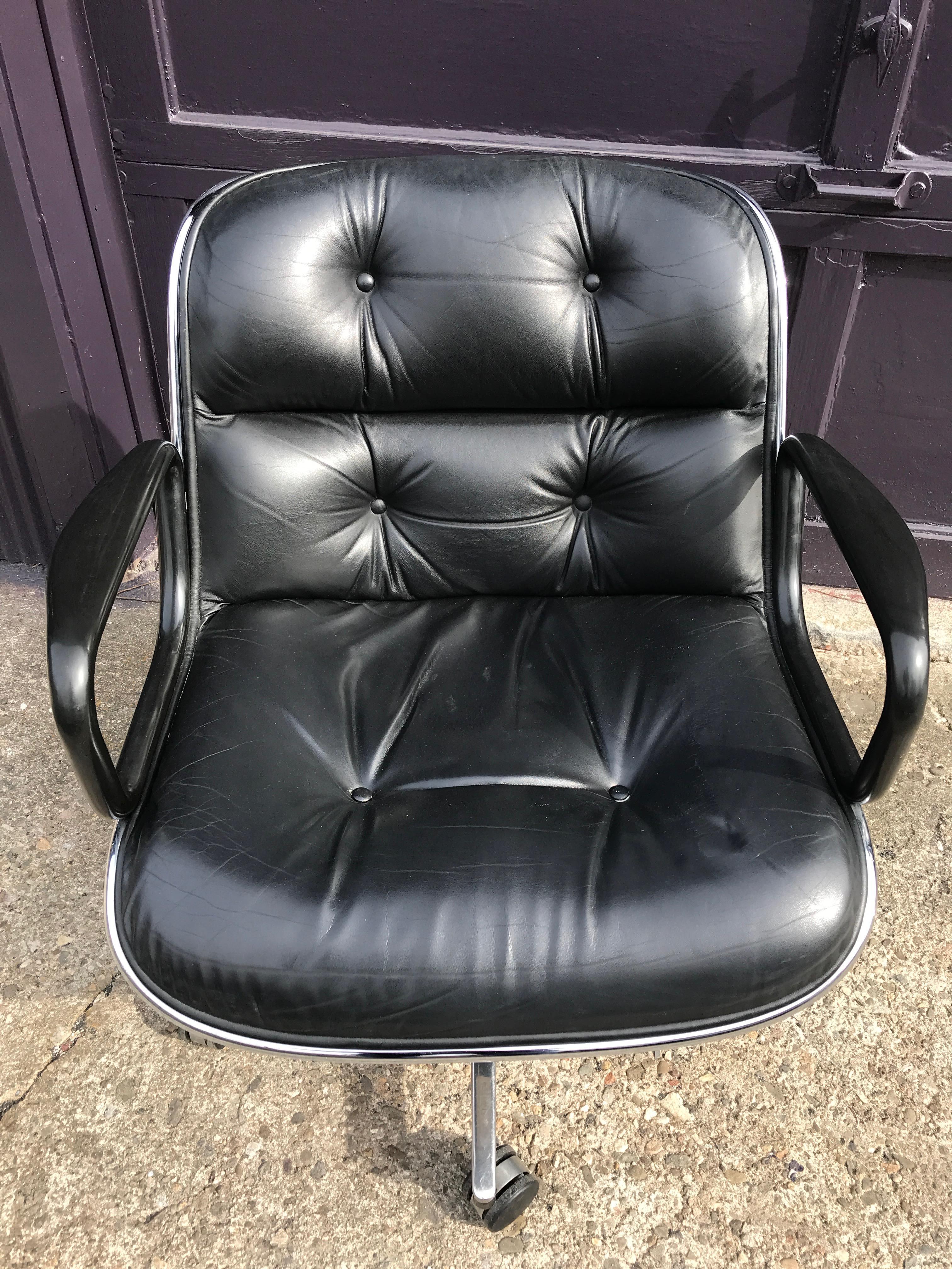 Vintage leather desk for office chair by Charles Pollock for Knoll. In good vintage condition. All wheels work as does swivel base. Original leather in good condition. Extremely comfortable and can be seen in countless shows and movies as an