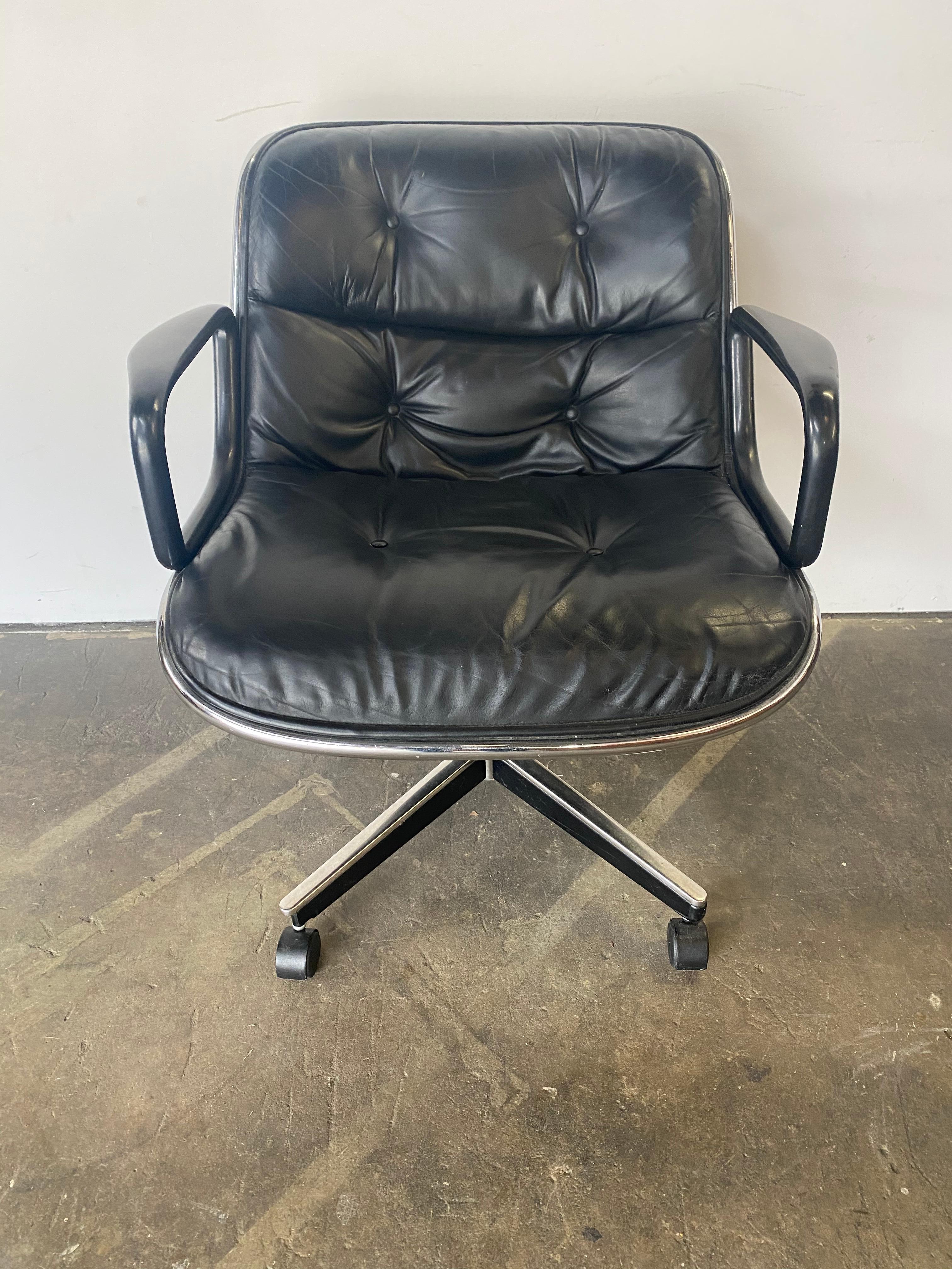 Vintage leather desk for office chair by Charles Pollock for Knoll. In good vintage condition. All wheels work as does swivel base. Original leather in good condition. Extremely comfortable and can be seen in countless shows and movies as an