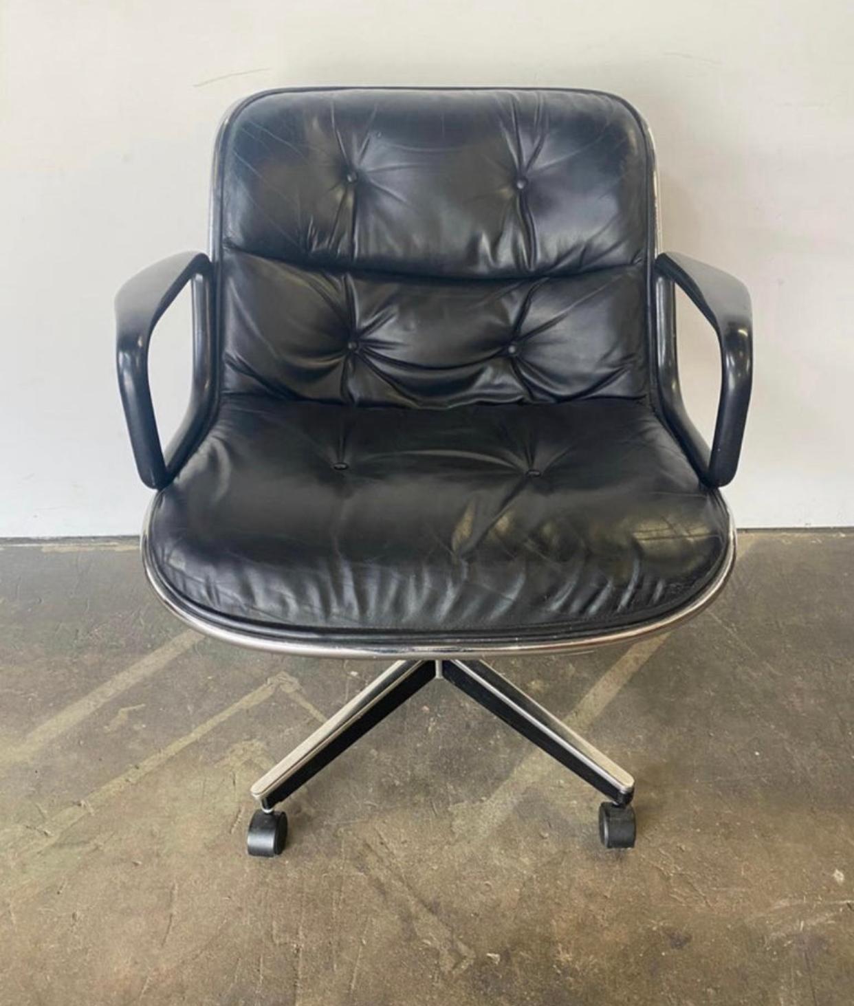 Vintage leather desk for office chair by Charles Pollock for Knoll. In good vintage condition. All wheels work as does swivel base. Height adjustable. Original leather in good condition. Extremely comfortable and can be seen in countless shows and