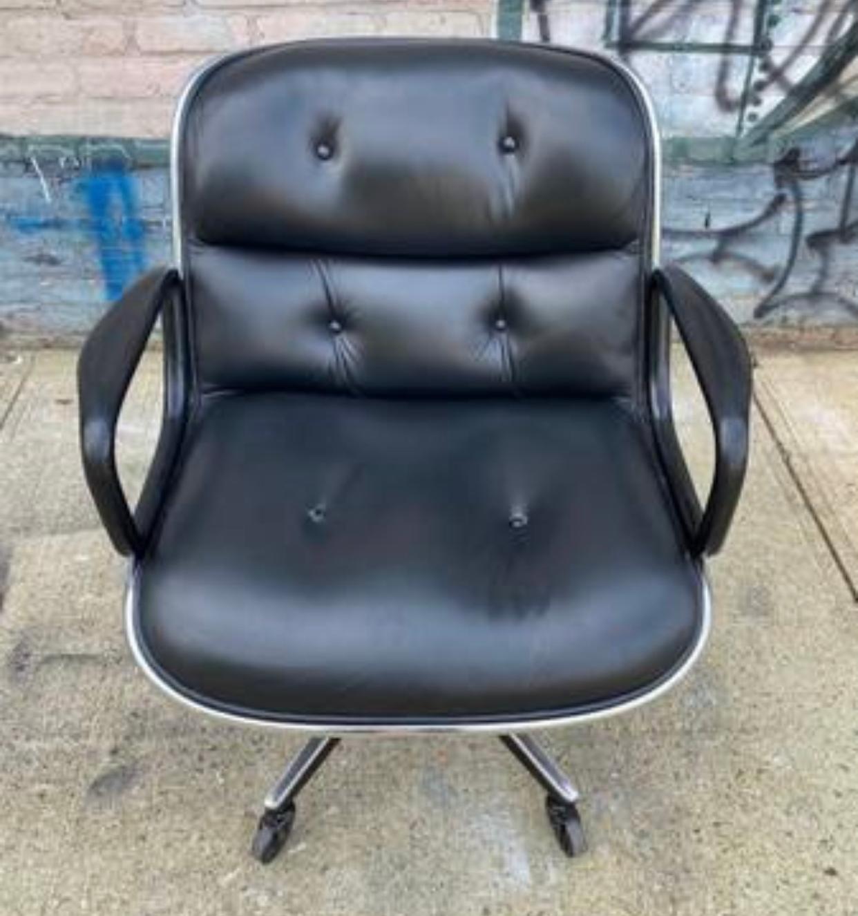 Gorgeous leather office desk chair designed by Charles Pollock for Knoll. Easily rolls and swivels and tilts for maximum comfort. Leather extremely soft and in superb condition. Only imperfection is one seat button has pulled through. Can be