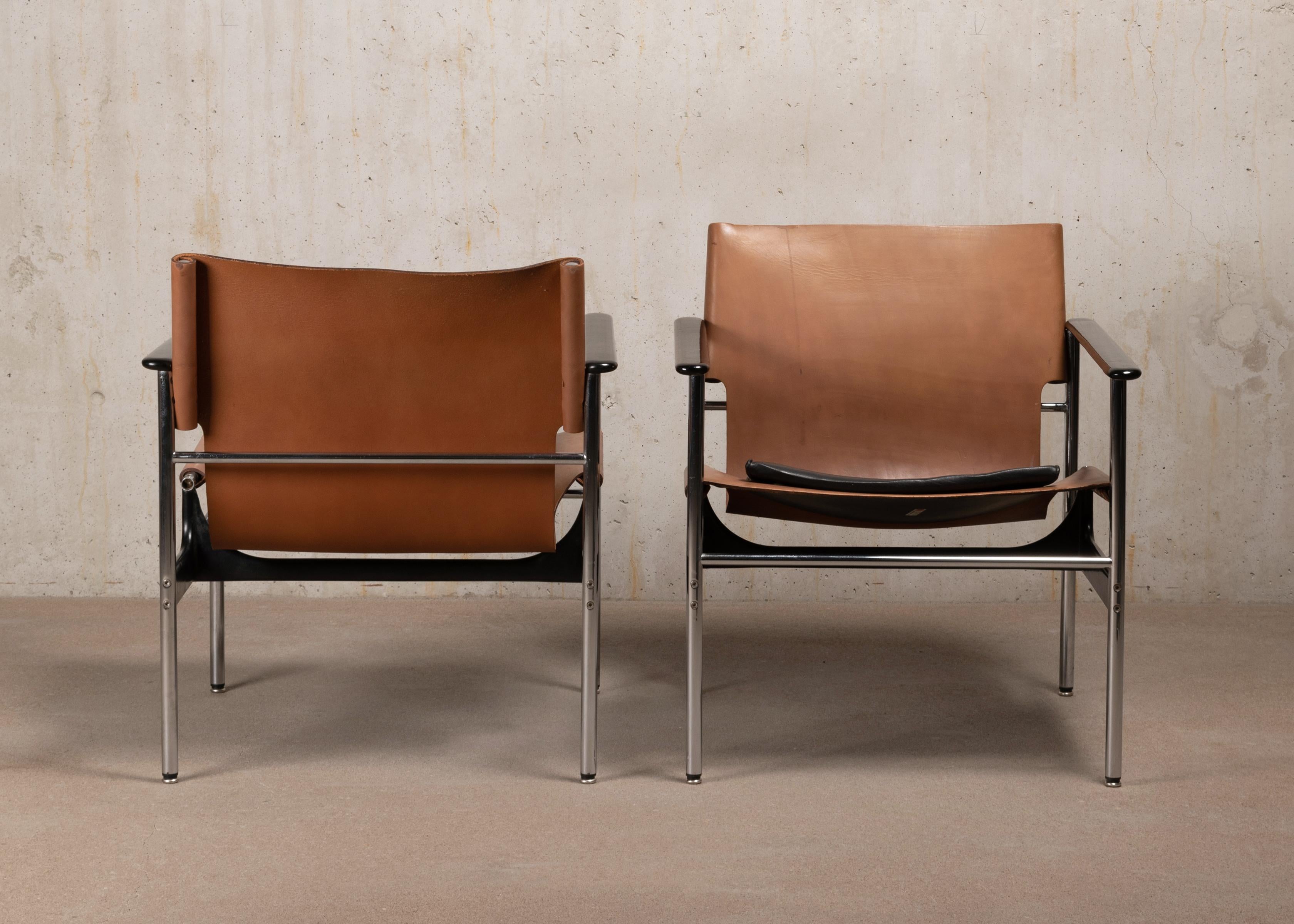 Mid-Century Modern Charles Pollock Lounge Armchairs Model 657 for Knoll in Cognac Saddle Leather