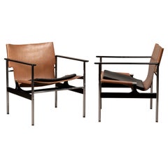 Charles Pollock Lounge Armchairs Model 657 for Knoll in Cognac Saddle Leather