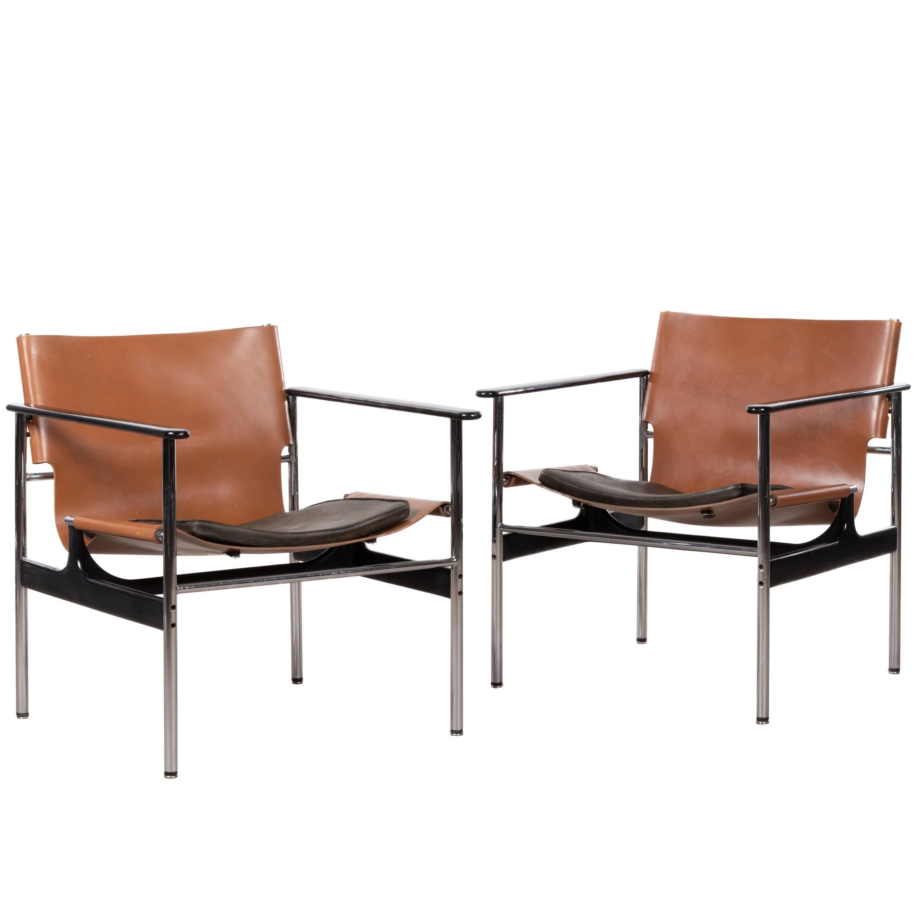 Charles Pollock Lounge Armchairs Model 657 for Knoll in Cognac Saddle Leather