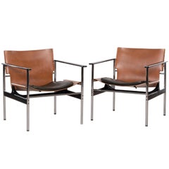 Charles Pollock Lounge Armchairs Model 657 for Knoll in Cognac Saddle Leather